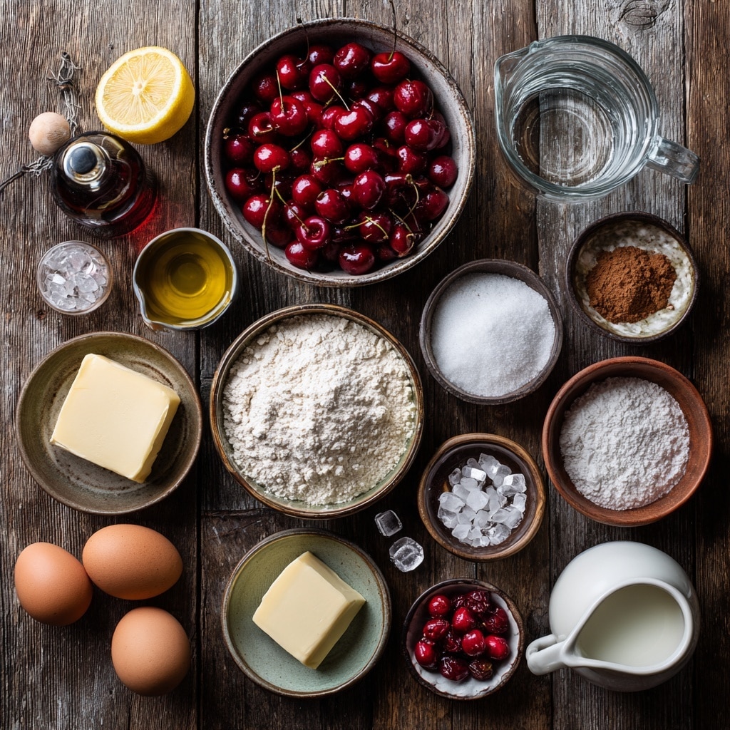 A clear glass bowl holds four layers of ingredients visible from above: dark red halved cherries on the left, fine white sugar on the right, white powdery flour in the front center, and some brown spice underneath near the flour. The bowl sits on a blue and white patterned tile surface with a cherry pitter tool and a few whole cherries placed casually nearby. photo taken with an iphone --ar 4:5 --v 7