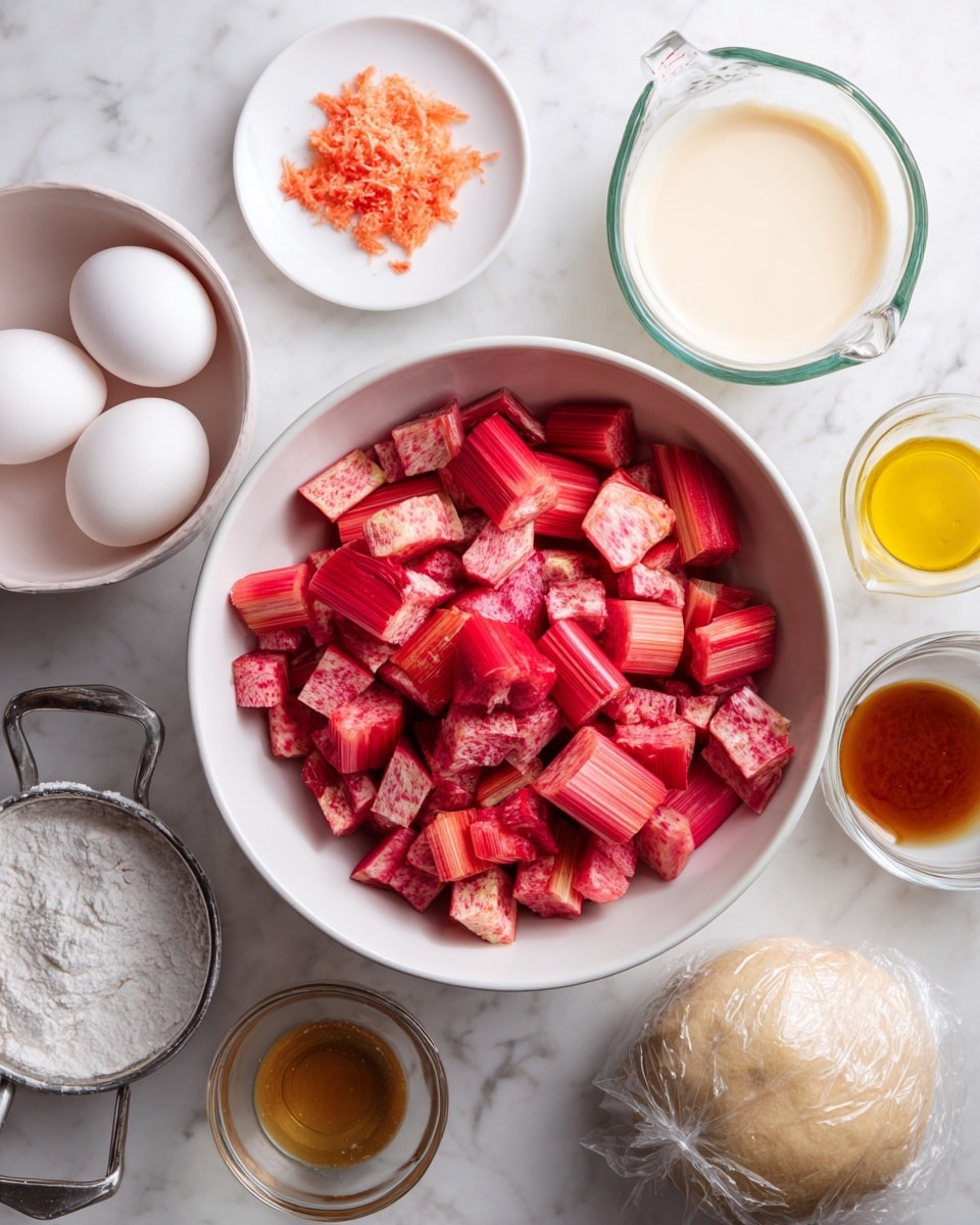 The image shows a white bowl in the center filled with bright red and pink cut pieces of rhubarb with a firm texture. Surrounding the bowl on a white marbled surface are various ingredients in separate containers: near the top right, a glass measuring cup with cream-colored liquid, and next to it a small clear glass bowl with melted yellow butter. At the bottom right, there is a wrapped ball of pale dough in clear plastic. On the left side of the bowl, there are two white eggs in a small white bowl, a glass measuring cup filled with white sugar below them, and two metal measuring cups containing white powdery flour and white granulated sugar. Above the eggs, a small white plate holds a small amount of bright orange zest, and next to it, a small white bowl with brown vanilla extract. The whole setup is neatly arranged and evenly lit, showing the different colors and textures clearly. photo taken with an iphone --ar 4:5 --v 7