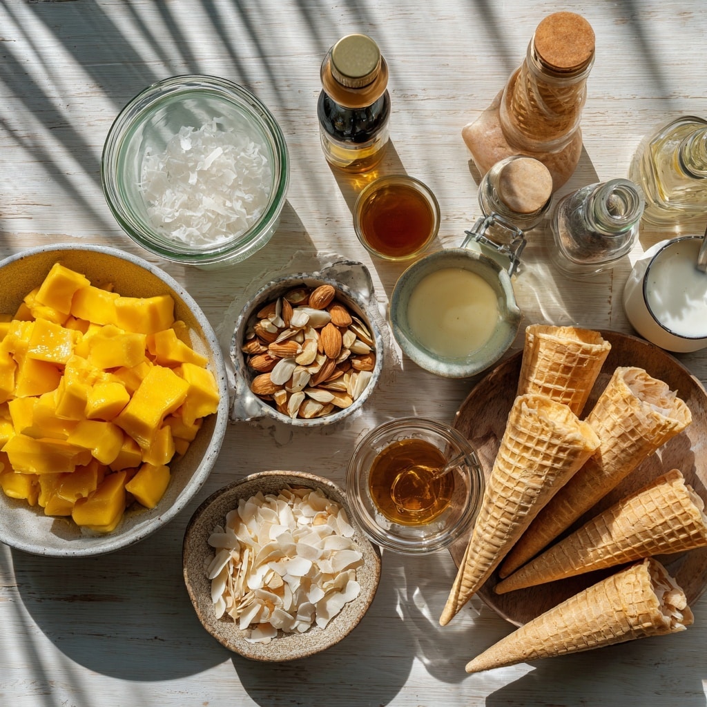 The image shows four steps of mango preparation for a dish arranged in four parts. The top left has a white tray with cut mango pieces in cubes and triangular shapes, next to a wooden board with one mango half scored in a grid pattern and a knife with a red and orange handle, plus a whole mango. The top right shows the same setup but with the cut mango pieces placed inside a transparent plastic bag with red patterns. The bottom left shows frozen mango chunks in a glass measuring cup with sugar sprinkled on them, next to a small glass bowl of honey and a small glass pitcher of milk, along with the same mango and board with mango half and knife in the corner. The bottom right has a gray baking pan filled with smooth, creamy, yellow mango mixture swirled on top, with the mango and board with knife in the upper corner on a white marbled surface photo taken with an iphone --ar 4:5 --v 7