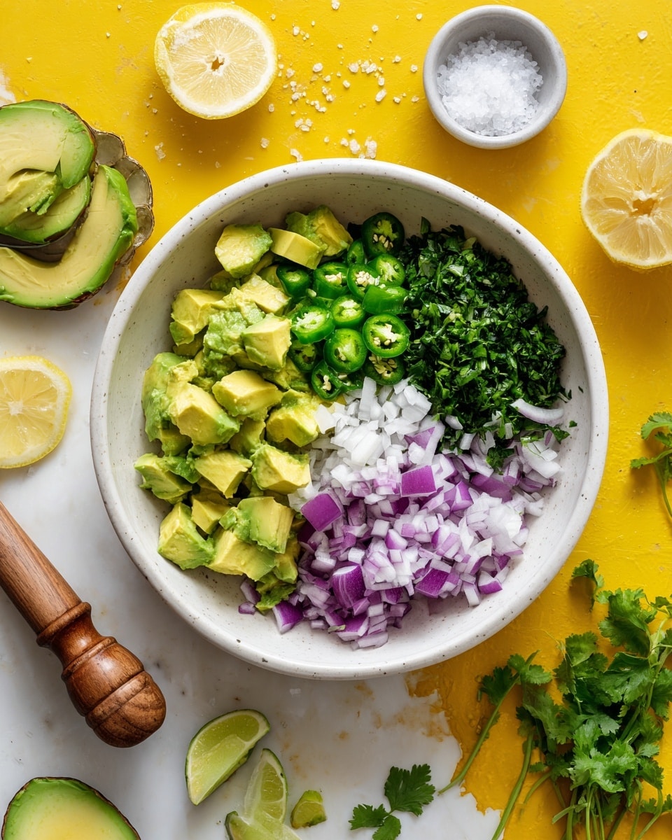 A white bowl sits on a white marbled surface with bright yellow background showing a fresh mix of chopped ingredients. At the base are chunks of green avocado with a smooth but slightly soft texture. On top of them are three distinct piles: finely chopped bright green jalapeño on the bottom left, small diced purple and white onion in the center, and fresh chopped dark green cilantro leaves on the right. Nearby on the yellow surface are half and quarter slices of avocado, a lemon wedge, a small bowl with coarse salt, and a white marble mortar and pestle with a wooden handle. Photo taken with an iphone --ar 4:5 --v 7