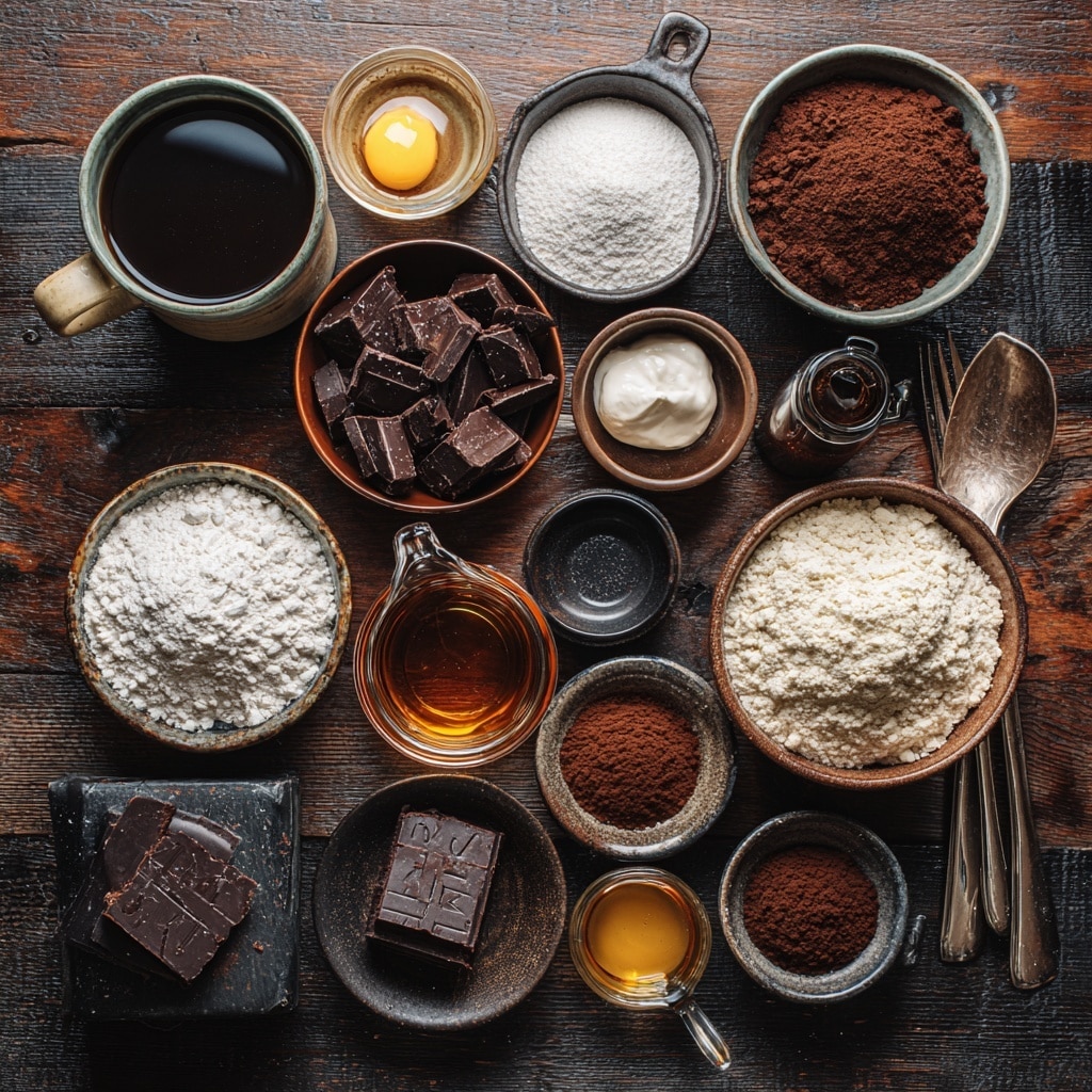 The image shows two items side by side on a white marbled surface: on the left, a clear glass measuring cup filled with creamy light yellow liquid with dark chocolate pieces floating on top, and on the right, a rectangular metal baking pan with a dark brown chocolate cake that has a textured surface with small holes. The contrast between the smooth liquid with chocolate pieces and the dense cake creates a clear visual separation photo taken with an iphone --ar 4:5 --v 7