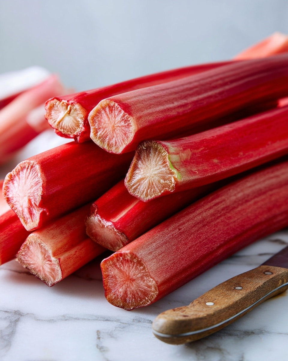 A close-up of several bright red stalks of rhubarb stacked together with their cut ends facing forward, showing pale, textured interiors. The stalks have smooth, shiny surfaces with natural grooves and a fresh look. To the right, there is a small knife with a wooden handle resting on a white marbled surface. The background is also white with a marbled texture, keeping focus on the rhubarb stalks in the center. photo taken with an iphone --ar 4:5 --v 7