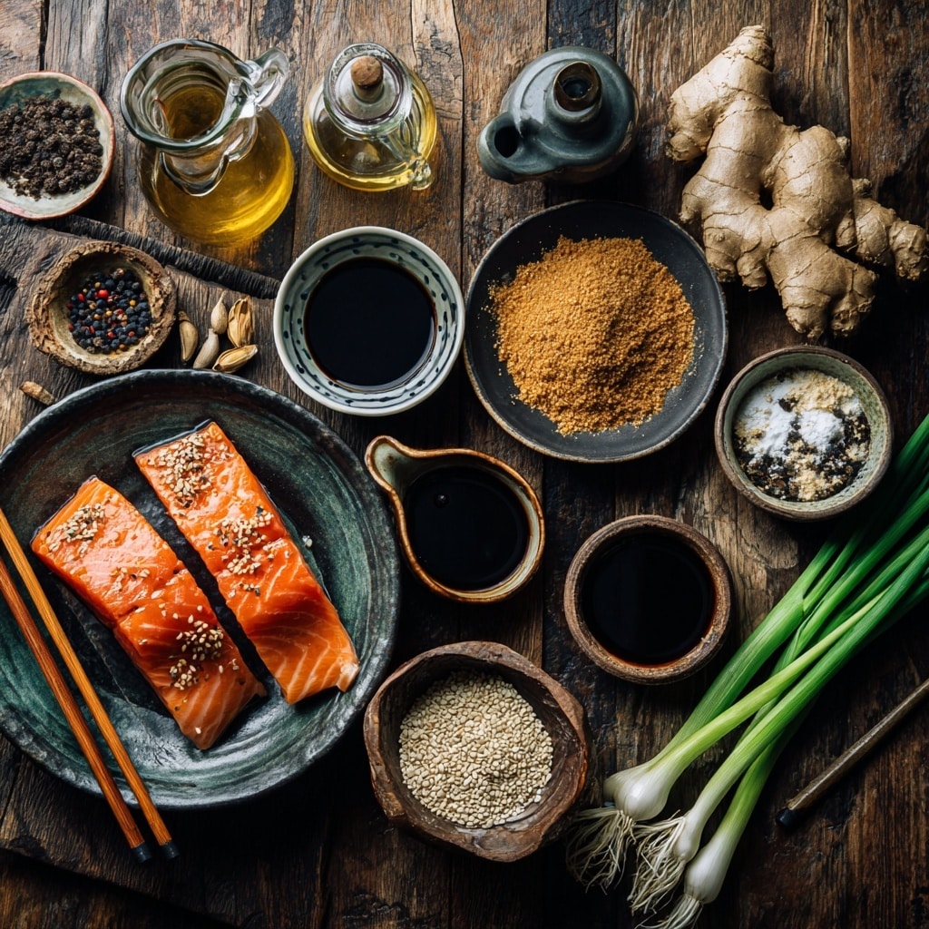 The image shows three thick, fresh salmon fillets placed in a clear rectangular glass dish arranged side by side with their bright orange-pink flesh and thin white lines visible. A smooth, brown sauce is being poured over the salmon from a white bowl held by a woman's hand, creating a rich layer of sauce flowing down onto the fish. The scene is set against a white marbled surface, highlighting the vibrant colors and textures of the salmon and sauce, photo taken with an iphone --ar 4:5 --v 7