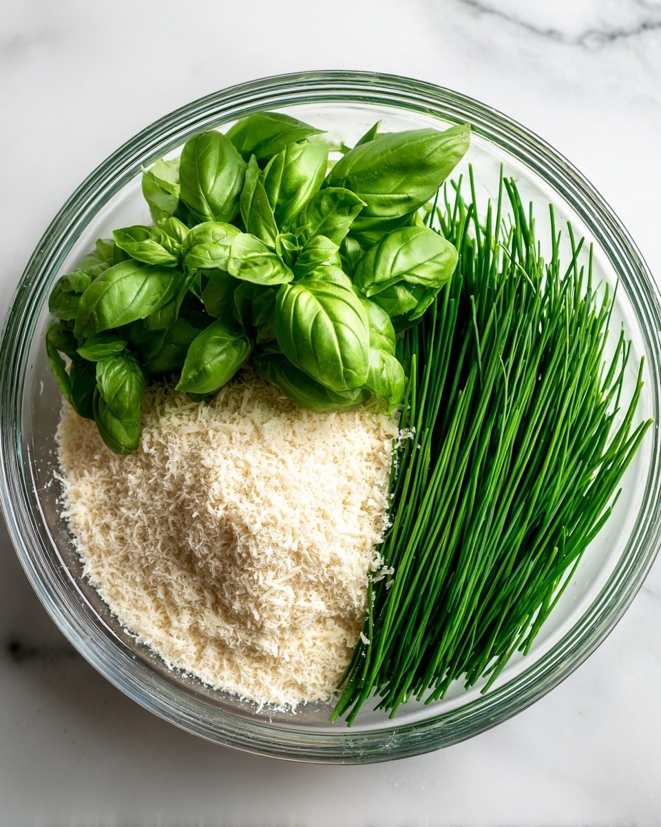 The image shows a clear round container filled with three main layers of ingredients. On the left side, there are fresh green basil leaves with a soft texture. On the right side, there is a bunch of long, thin bright green chives. In the middle, covering part of the basil, is a light beige powdery layer of grated cheese. The white marbled surface beneath the container is bright and clean, enhancing the fresh look of the ingredients. Photo taken with an iphone --ar 4:5 --v 7