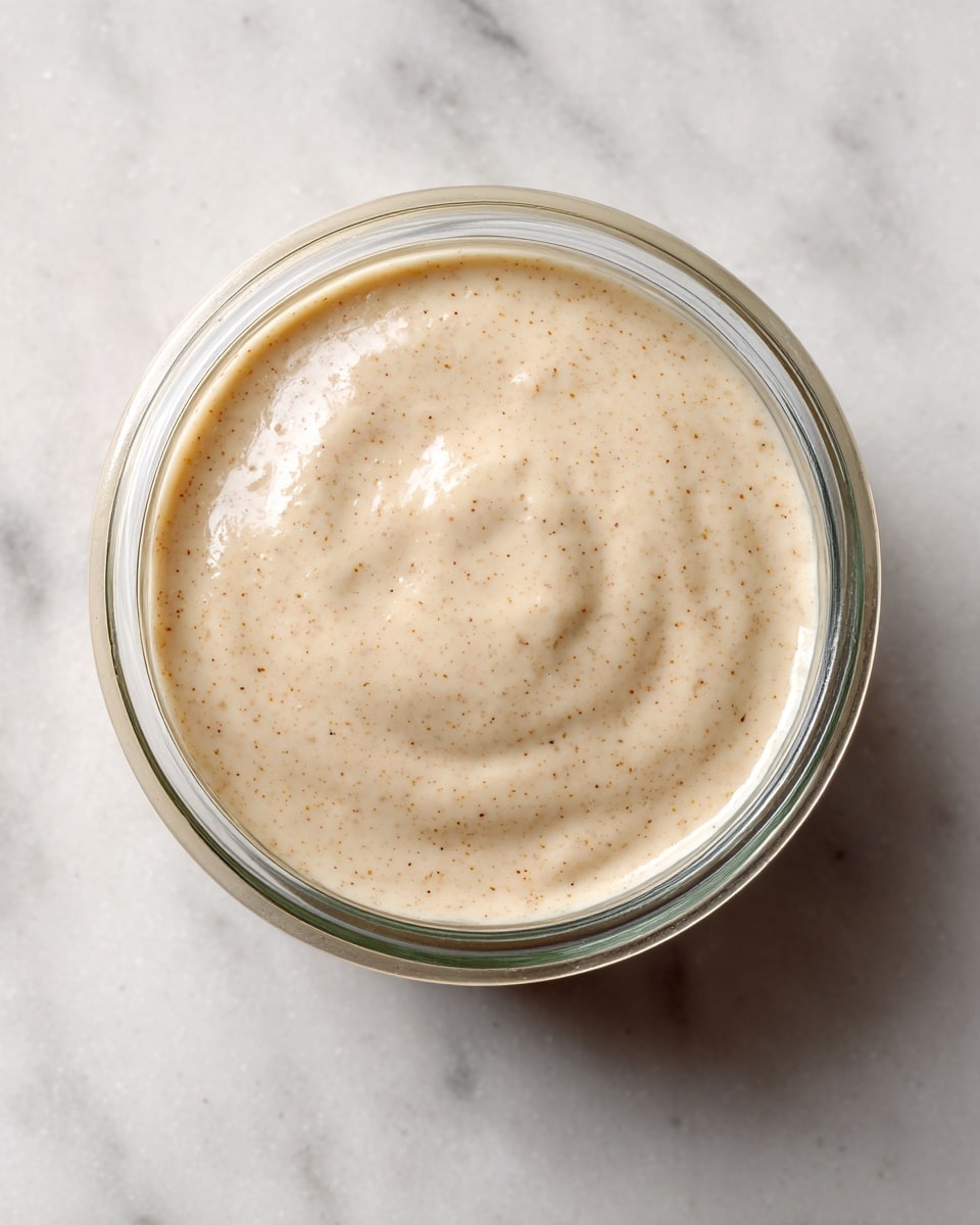 A clear glass bowl sits on a white marbled surface, filled with a smooth, creamy sauce that has a light beige color with tiny darker specks scattered evenly throughout. The sauce has a glossy texture that looks thick but not stiff, filling the bowl up to just below the rim. The bowl's rim is slightly reflective, showing subtle highlights from the lighting, and the whole image is shot from above, focusing closely on the sauce. photo taken with an iphone --ar 4:5 --v 7