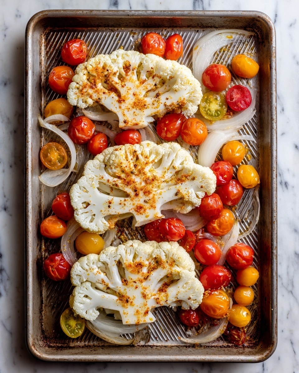 The image shows a metal baking tray on a white marbled surface. Inside the tray, there are three large, thick cauliflower slices placed vertically in a line. Each cauliflower slice is white with a light sprinkle of seasoning giving a slightly orange tint in the center and edges. Around the cauliflower, there are many small cherry tomatoes in red, orange, and yellow colors adding bright spots around the tray. Thin white onion wedges are arranged sporadically around the cauliflower and tomatoes, enhancing the mix of textures. The baking tray has a worn, rustic look with diagonal ridges. photo taken with an iphone --ar 4:5 --v 7