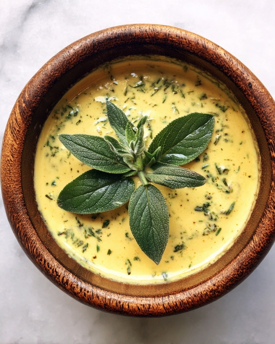 A close-up top view of a brown textured bowl filled with a thick, creamy light yellow sauce speckled with green herbs, topped with three fresh green leaves placed in the center; the bowl is set on a white marbled surface photo taken with an iphone --ar 4:5 --v 7