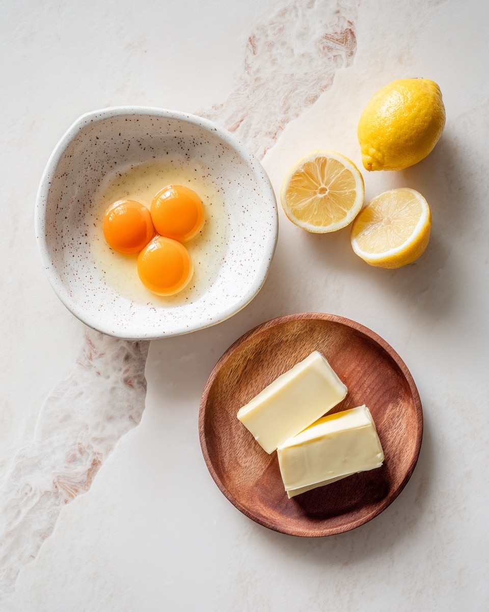 The image shows a small white speckled bowl on the left filled with three cracked egg yolks, each a deep orange color resting in clear egg whites. To the right of the bowl, there are two lemon halves, one showing its yellow peel and the other showing the pale yellow juicy flesh inside. Further right, a small round wooden plate holds two rectangular blocks of creamy pale yellow butter. All items are placed on a surface with a white marbled texture. Photo taken with an iphone --ar 4:5 --v 7