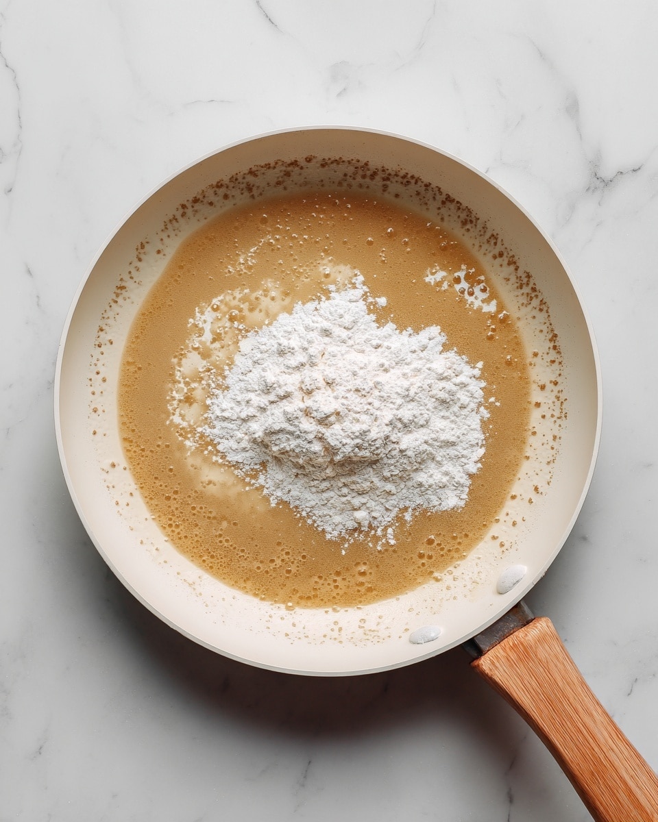 A white pan with a wooden handle sits on a white marbled surface; inside the pan, a light brown bubbly mixture fills most of the space, with a large pile of white powder on top slightly blending into the bubbles. The bubbles create a soft, foamy texture around the powder, and the pan’s edge is thin and dark, contrasting with the bright white interior. photo taken with an iphone --ar 4:5 --v 7