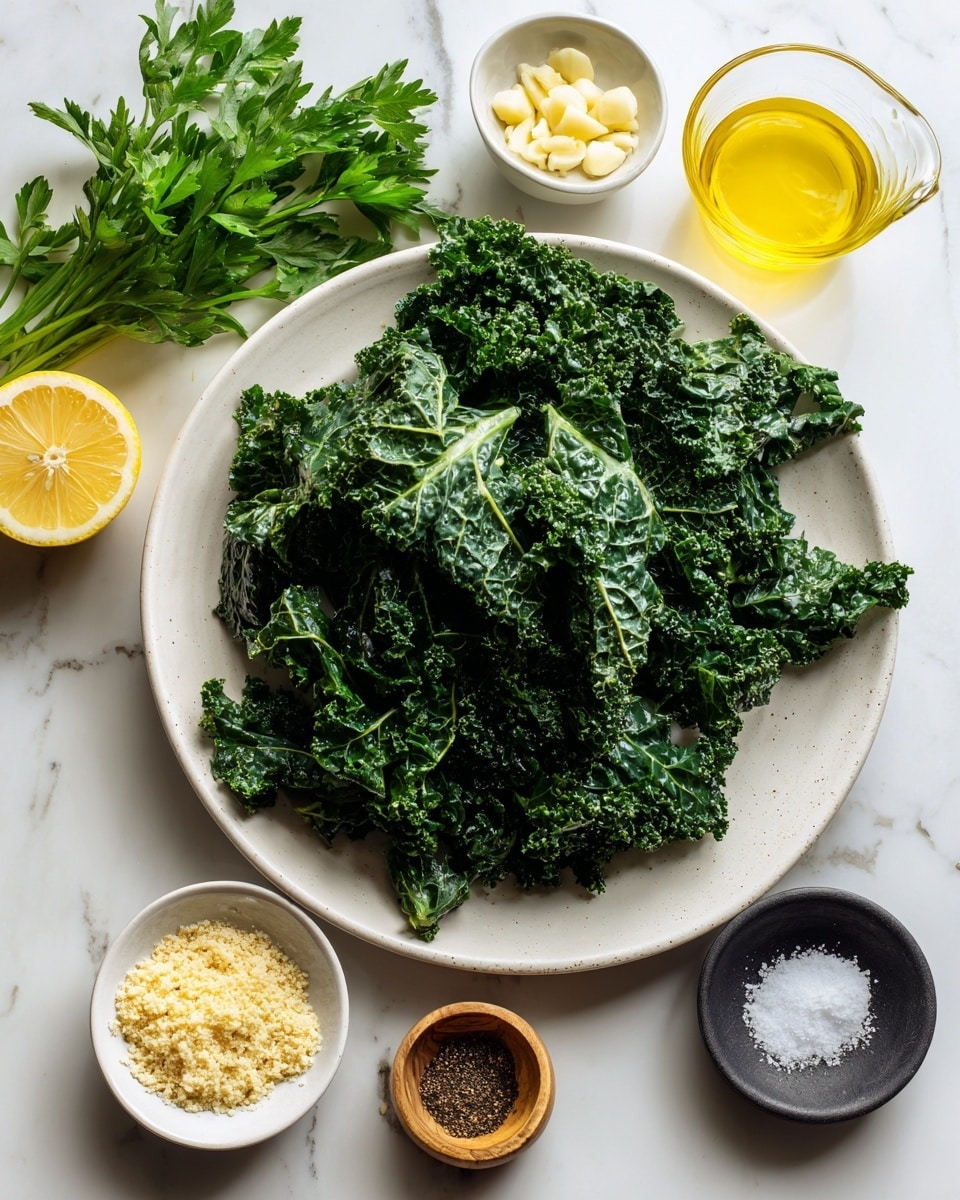 The image shows a white plate full of dark green kale leaves with a rough texture, filling the plate and slightly mounded. Surrounding the plate are small white bowls containing finely minced garlic, pale yellow ground nuts or breadcrumbs, and a grated light yellow cheese. To the left, there is a bunch of fresh green parsley, a light yellow lemon cut in half, and a small glass cup with pale yellow lemon juice. On the right side, there is a clear glass cup of golden olive oil, a small wooden bowl with cracked black pepper, and a black bowl with white salt. All items are placed on a white marbled surface. photo taken with an iphone --ar 4:5 --v 7