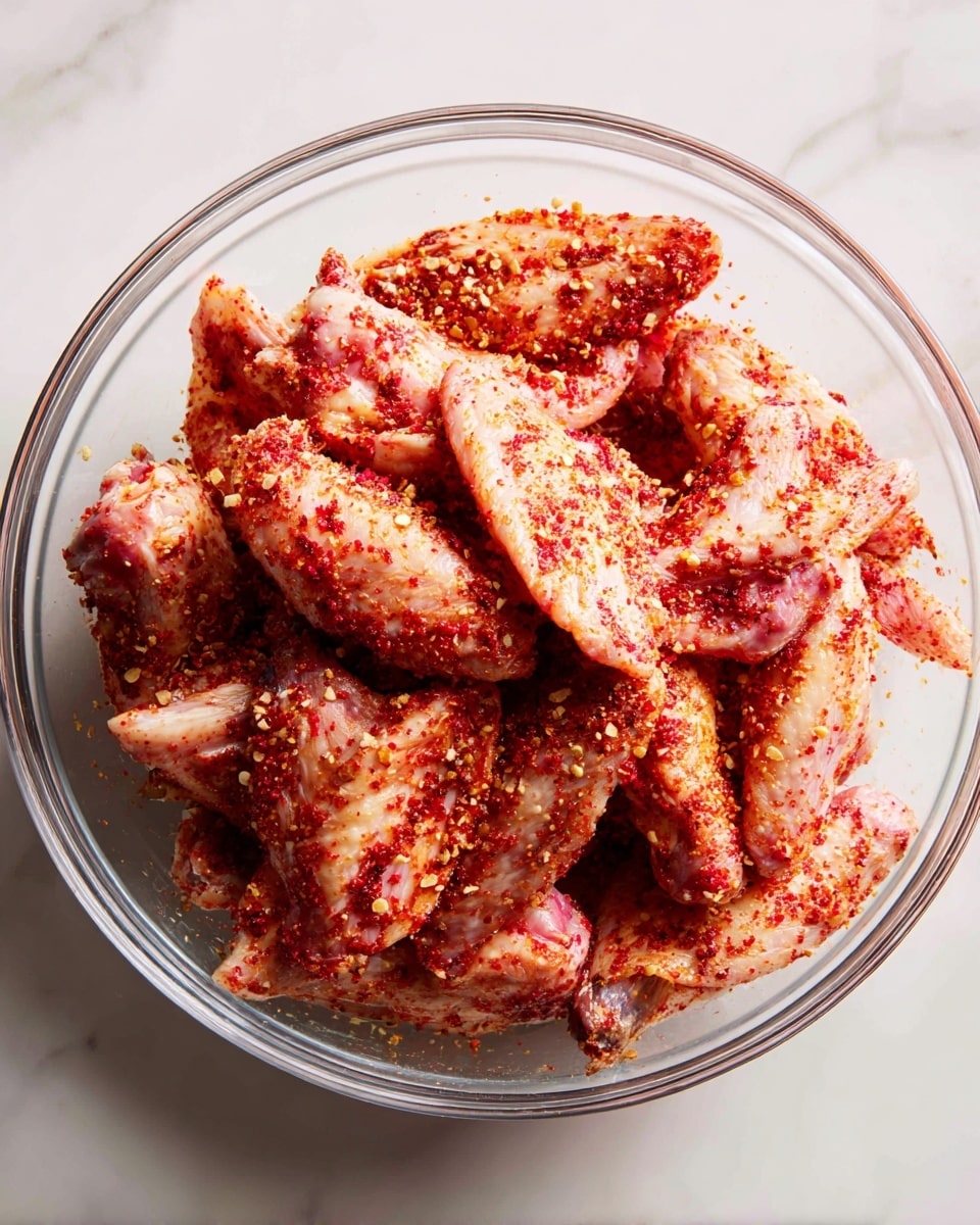 A clear glass bowl filled with many raw chicken wings coated in a red spice mix. The wings are piled closely together, showing their light pink skin with patches of red seasoning unevenly spread across each piece. The bowl sits on a white marbled surface, creating a clean and bright background. photo taken with an iphone --ar 4:5 --v 7