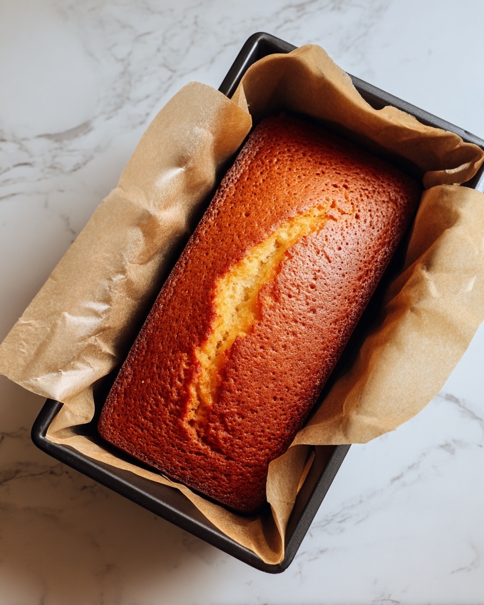 A rectangular loaf of golden-brown cake with a slightly cracked top sits inside a black metal baking pan lined with light brown parchment paper that folds over the edges. The cake surface is smooth with tiny air holes, showing a soft texture. The pan is placed on a white marbled surface with subtle veins and soft lighting. Photo taken with an iphone --ar 4:5 --v 7