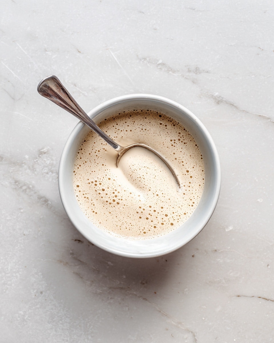 A white bowl filled with a light cream-colored sauce that has tiny bubbles on its smooth surface. A silver spoon rests inside the bowl, slightly tilted towards the right. The bowl sits on a white marbled surface, giving the image a clean and simple look. photo taken with an iphone --ar 4:5 --v 7