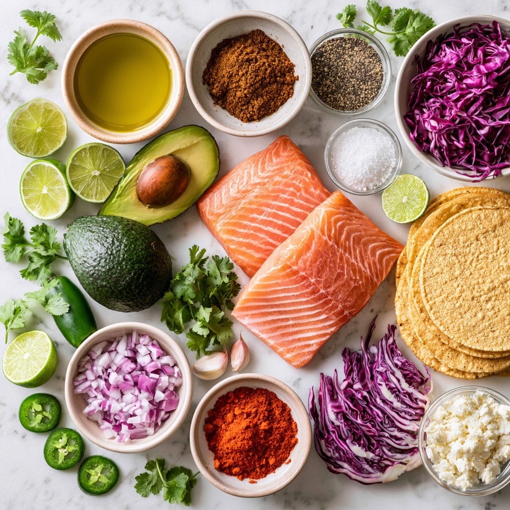 Two grilled salmon tacos are placed on a round white plate on a white marbled surface. Each taco has a yellow corn tortilla with char marks, filled with chunks and slices of grilled salmon that are light pink with dark brown grill lines. On the plate near the tacos are three lime wedges with bright green skin and pale green inside. Around the plate are small white bowls, one with shredded purple cabbage, one with a chunky avocado and red onion mix, one with crumbly white cheese, and one with cooked yellow corn kernels. A dark blue cloth is partially visible under the plate and bowls. Photo taken with an iphone --ar 4:5 --v 7