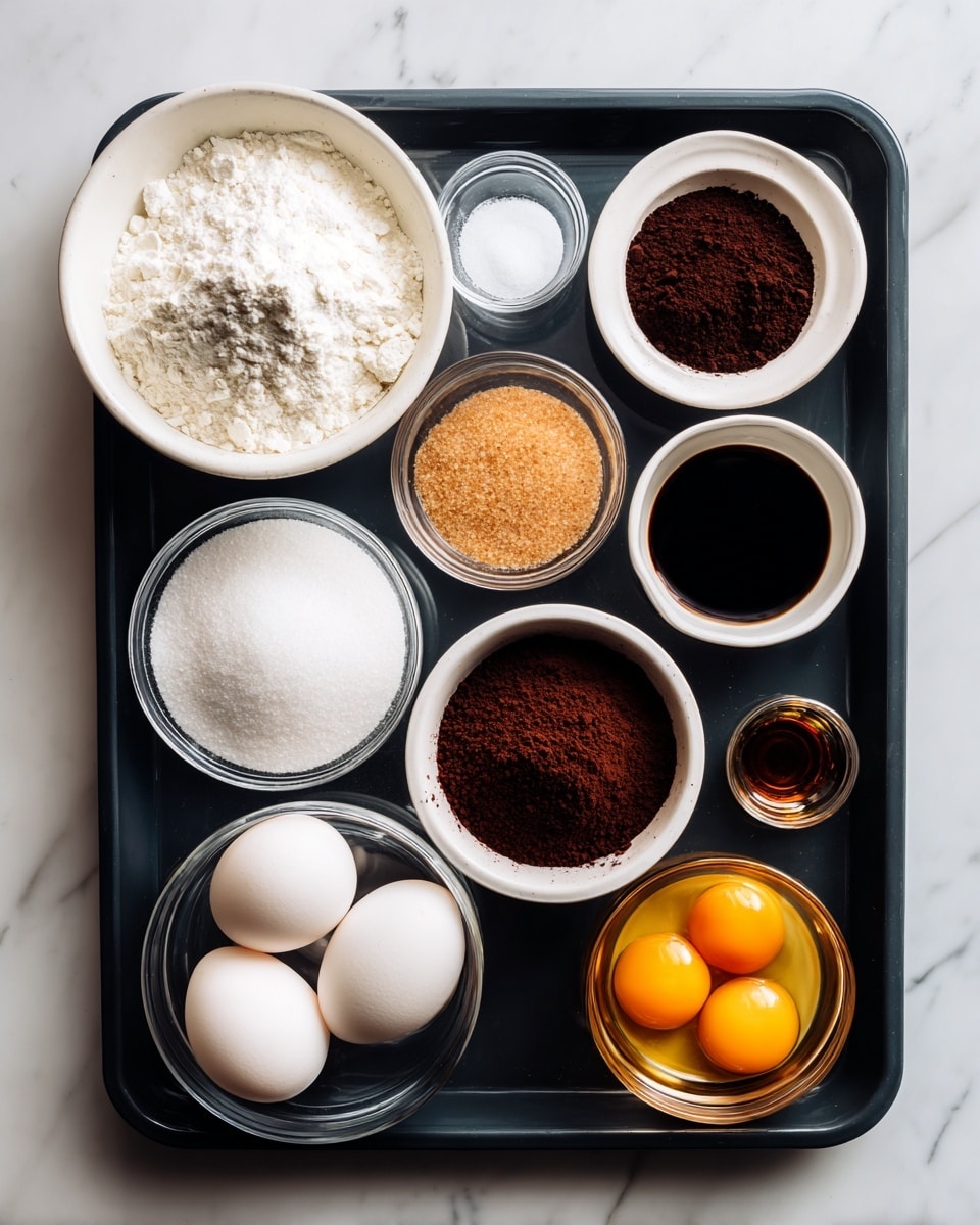 A black tray holds ten containers with different baking ingredients arranged neatly on a white marbled surface. At the top left, a white bowl is filled with white flour, and next to it, a small clear glass holds white powder. Near the top right corner, a white bowl contains a small amount of dark brown powder. Below these, a clear bowl is full of light brown sugar, with a small white bowl of dark brown liquid to its right. Centered on the tray, a white bowl contains dark brown cocoa powder. Towards the bottom left, a clear glass is filled with white granulated sugar, and next to it, a clear bowl holds three raw eggs with yellow yolks. At the bottom right, two clear glasses show light amber and clear liquids. The focus is sharp, and the colors are natural. Photo taken with an iphone --ar 4:5 --v 7