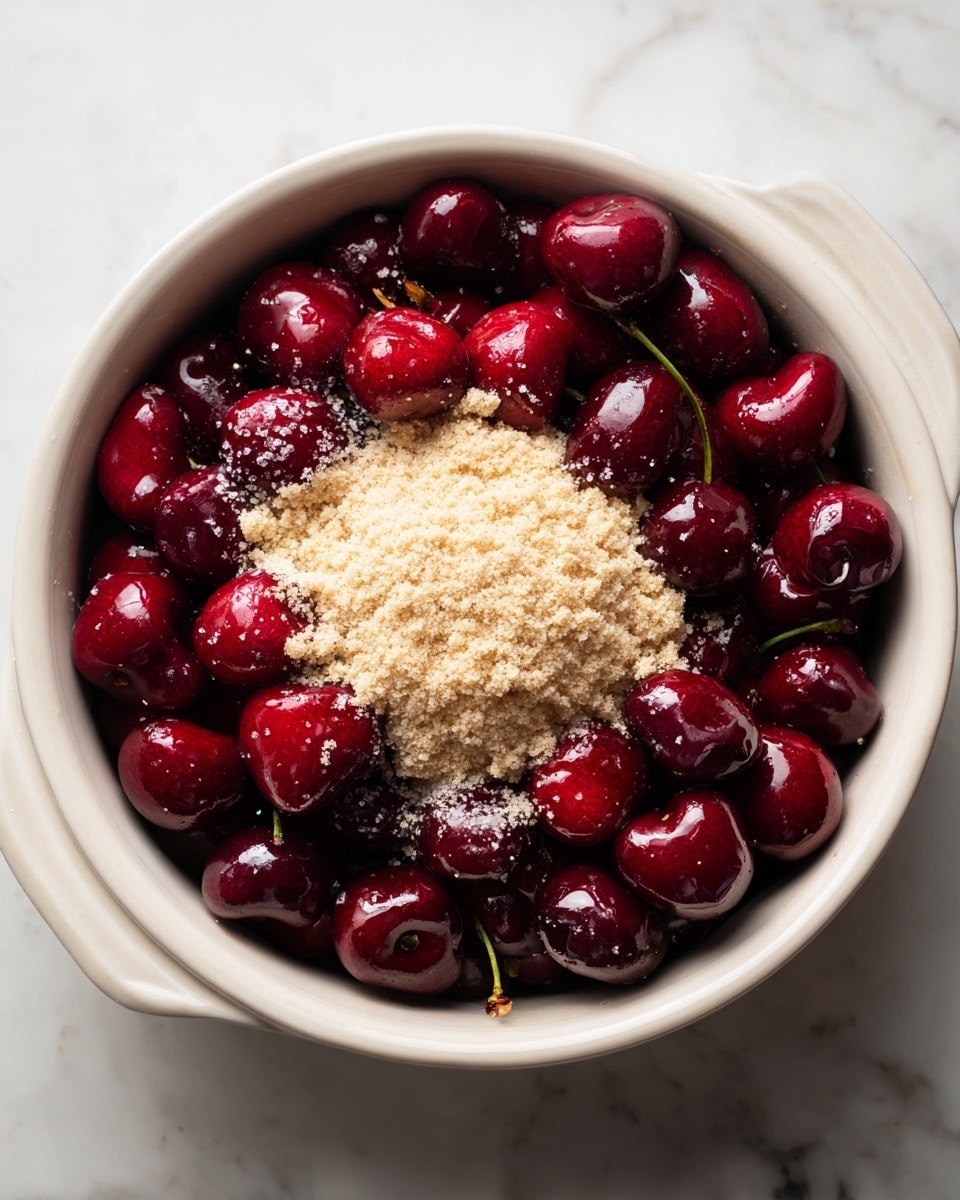 A white pot filled with one layer of dark red, halved cherries that have shiny and juicy textures, topped with a layer of white granulated sugar spread unevenly across the cherries, and in the center sits a compact round mound of light brown sugar or similar ingredient, creating a strong contrast with the red cherries. The pot is placed on a white marbled surface. photo taken with an iphone --ar 4:5 --v 7