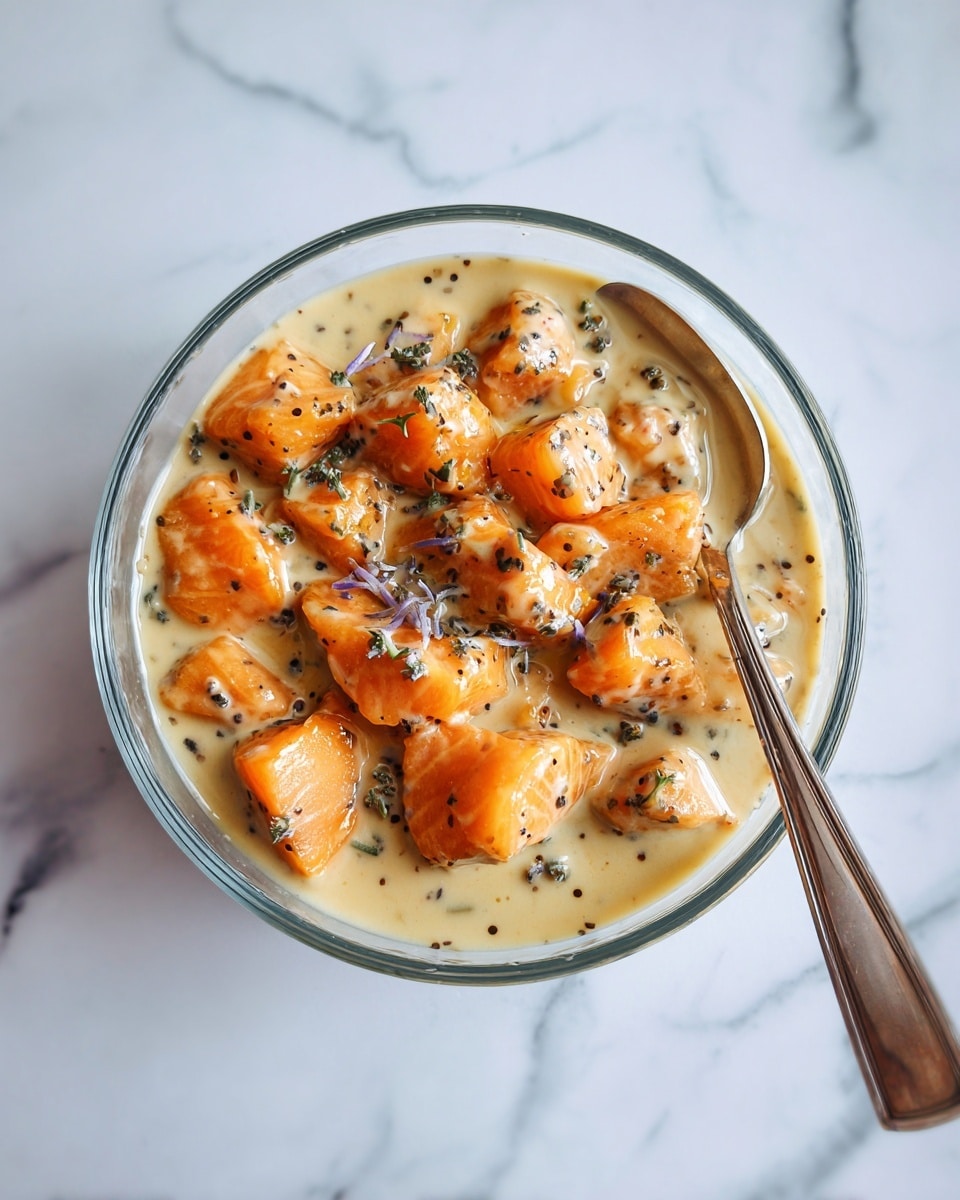 The image shows a clear glass bowl filled with small orange pieces of fish covered in a creamy light brown sauce with black specks, some pieces still having silver skin attached. A silver spoon is resting inside the bowl on the right side. The bowl is placed on a white marbled surface. photo taken with an iphone --ar 4:5 --v 7