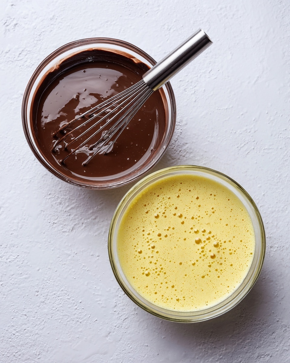 The image shows two items side by side on a white marbled surface. On the left is a clear glass bowl filled with dark brown smooth and thick chocolate batter, with a white silicone spatula resting inside it. On the right is a square metal baking pan filled with the same chocolate batter, spread evenly and topped with colorful candy-coated chocolates in red, yellow, blue, green, and orange, scattered across the surface. The batter has a rich, dense texture with slight swirls. Photo taken with an iphone --ar 4:5 --v 7