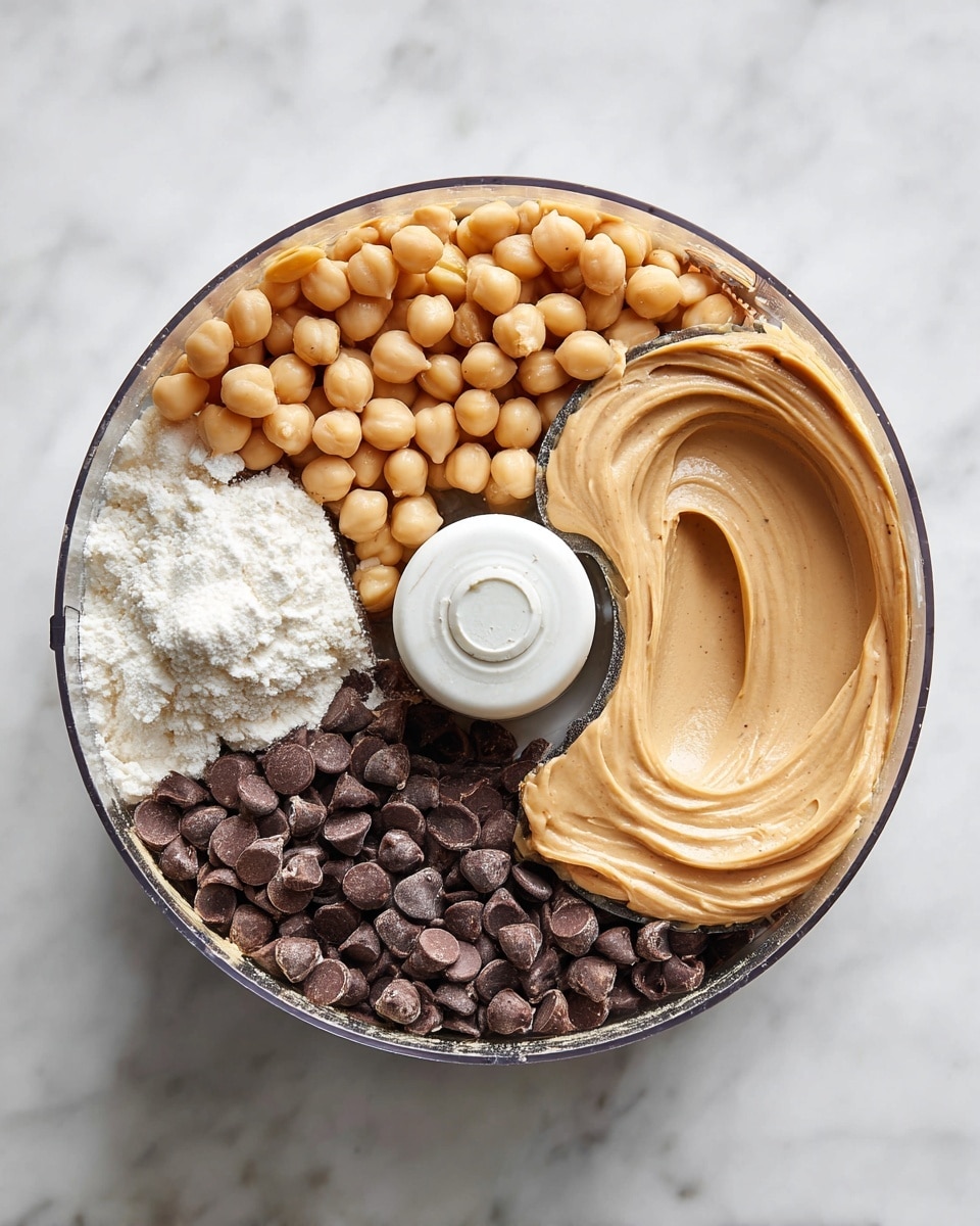 The image shows two round food processor bowls on a white marbled surface, each viewed from above. In the first bowl on the left, there are smooth light brown peanut butter, round beige chickpeas, white flour, and granulated sugar, all arranged in separate small piles, forming distinct layers and textures. The second bowl on the right holds a creamy light brown paste spread evenly around the sides, with a pile of dark brown chocolate chips placed on top in one section. Both bowls have a central white plastic blade. photo taken with an iphone --ar 4:5 --v 7