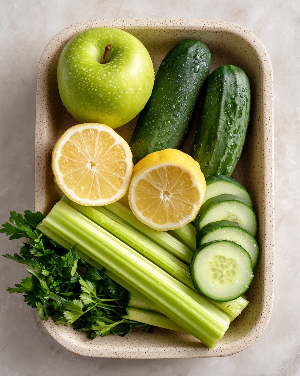 Inside a light beige speckled plastic basket on a white marbled surface, there is a green apple on the left, next to a lemon cut in half showing its light yellow inside. Below them are bright green celery stalks lying flat. Above the celery, there are two cucumber pieces, one whole and one half, both dark green with drops of water on the skin. To the right, a bunch of fresh parsley with dark green leaves rests beside five round cucumber slices showing pale green skin and light green flesh with seeds. The overall look is fresh and vibrant with different shades of green and yellow. photo taken with an iphone --ar 4:5 --v 7