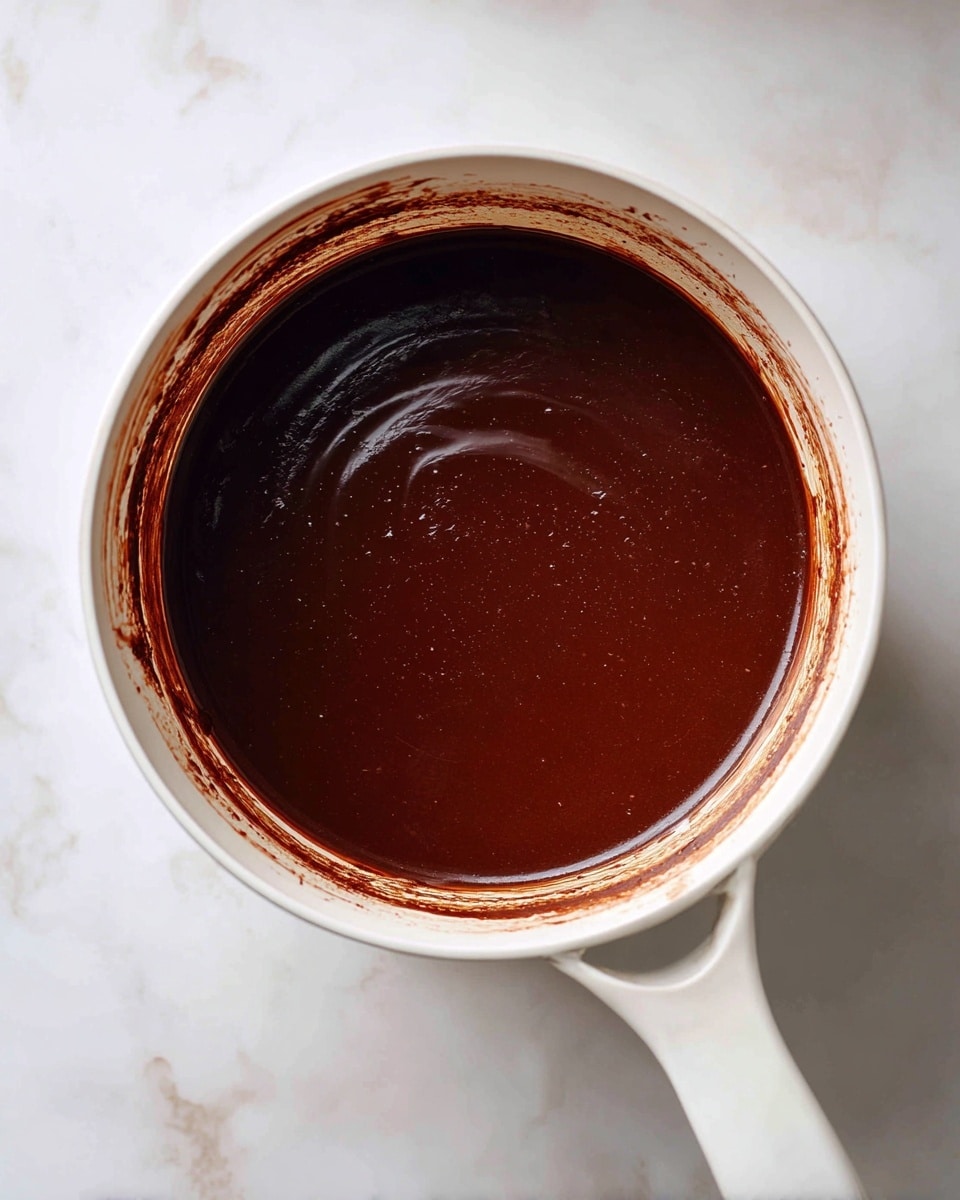 A white pot filled with a smooth, thick dark brown liquid, showing some light reflections on the surface. The inside rim of the pot is stained with some splashes of the same brown liquid. The pot has a wide handle on the right side. The pot is placed on a white marbled surface. photo taken with an iphone --ar 4:5 --v 7