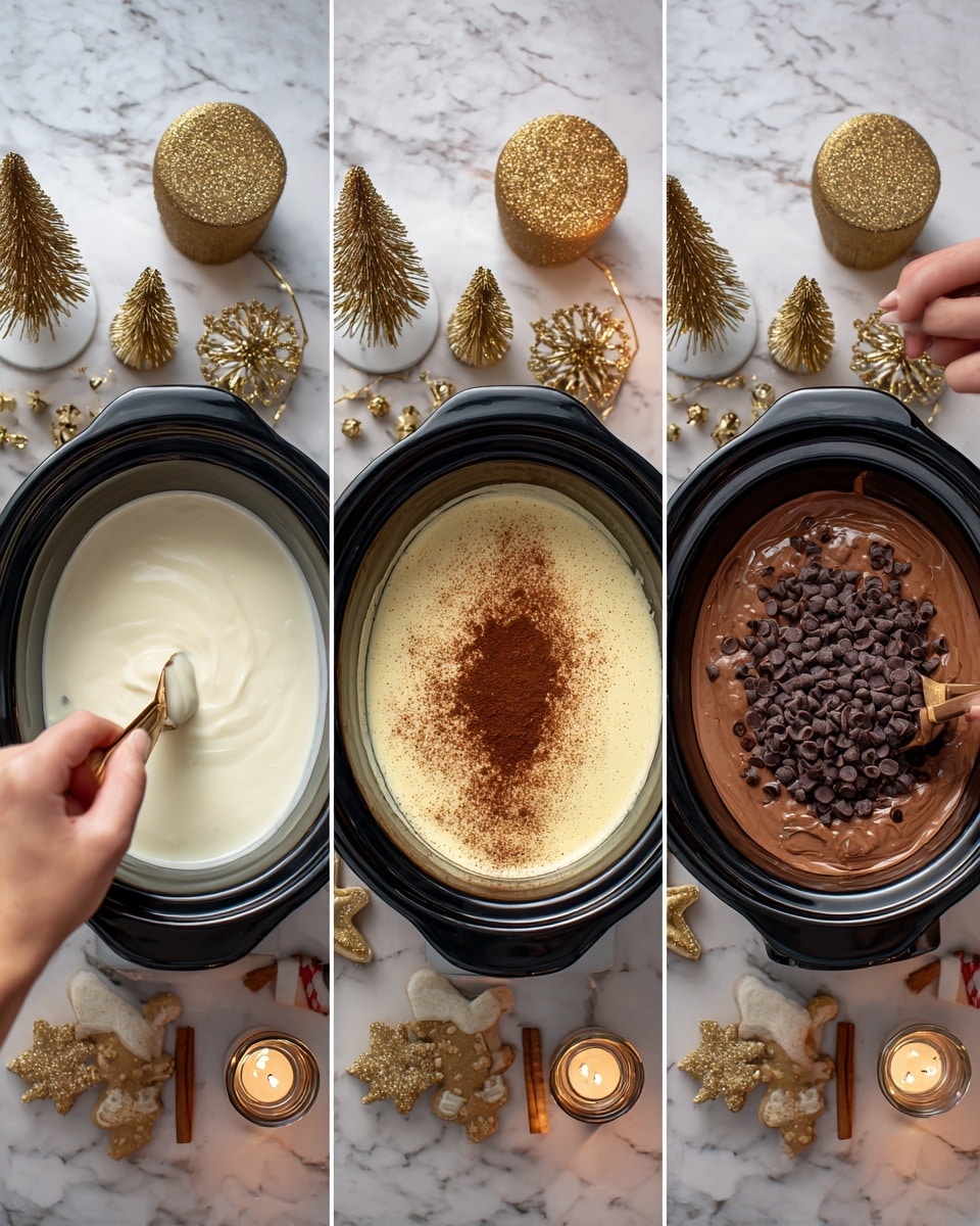 The image shows three panels of a cooking process in a white marbled surface setting with holiday decorations like gold and black small Christmas trees, a lit candle in a gold holder, peppermint sticks, and gingerbread cookies in the background. The first panel shows a woman's hand pouring creamy white liquid into a black slow cooker. The second panel shows a woman's hand pouring dark brown chocolate chips from a golden bag into the same slow cooker filled with the creamy liquid. The third panel shows the inside of the slow cooker filled with a smooth mixture topped with layers of light brown cocoa powder and a smaller spot of dark brown powder in the center. Photo taken with an iphone --ar 4:5 --v 7