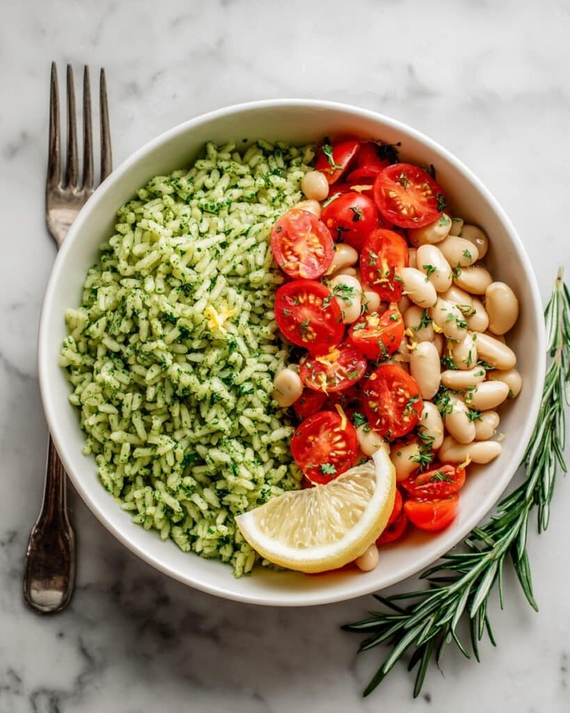 Tomato Herb Butter Beans with Pesto Rice Recipe