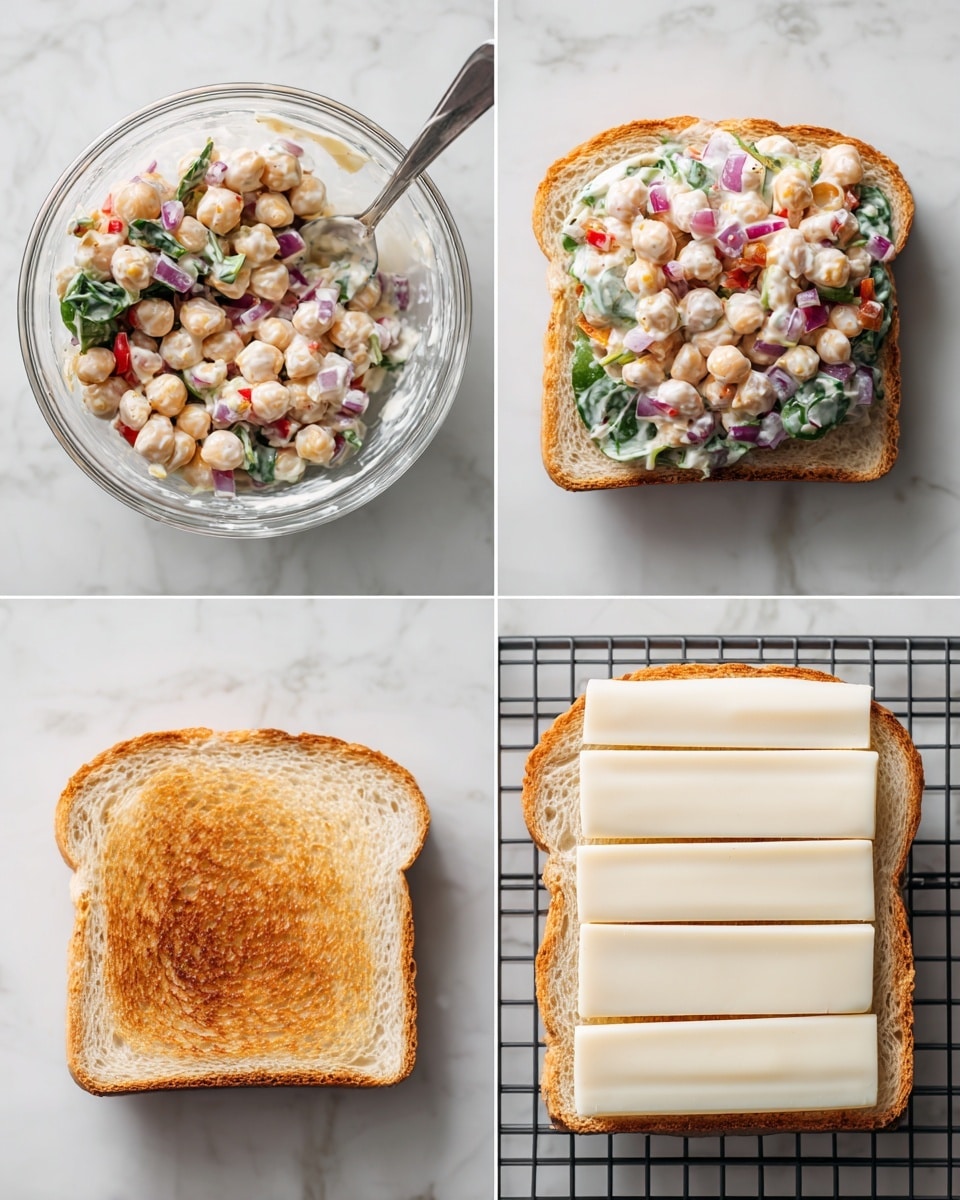 The image shows a four-step process of making a toasted chickpea sandwich, all on a white marbled surface. The first part shows a clear glass bowl filled with a creamy chickpea salad that has visible chickpeas, chopped red onions, red bell peppers, spinach, and a creamy white dressing, with a spoon inside the bowl. The second part has one slice of white bread on the white marbled surface topped with a thick layer of the same chickpea salad, spreading evenly to cover the bread. The third part shows that same slice of bread with the chickpea salad, now layered with four slices of white cheese neatly placed side by side covering the chickpea salad. The last part shows two toasted sandwiches on a black wire rack: the top sandwich shows a perfectly browned crispy toast with a golden crust, and the bottom sandwich looks similar but is placed slightly lower in the frame, both giving a warm, crunchy final look. Photo taken with an iphone --ar 4:5 --v 7
