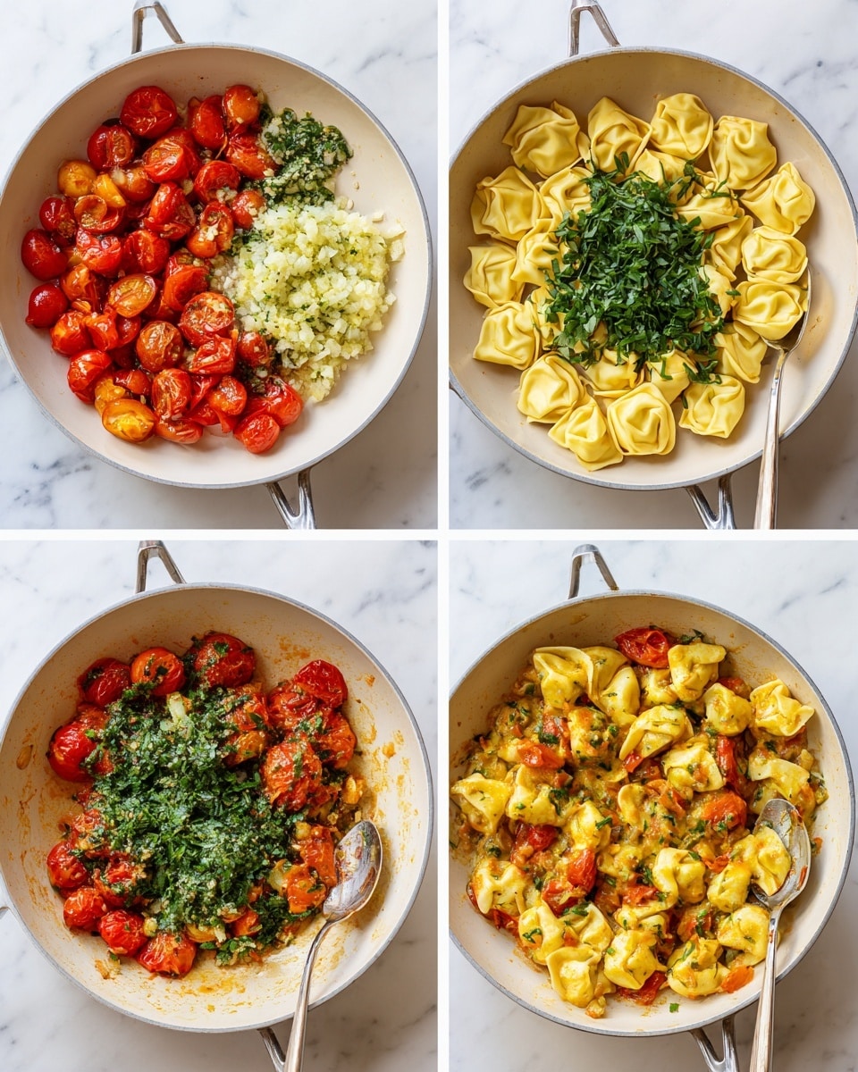 A white pan on a white marbled surface showing four steps of making tortellini pasta with cherry tomatoes and herbs. In the first part, halved cherry tomatoes are spread across the pan with chopped garlic and some green herb leaves sprinkled on top. The second part shows the tomatoes softened and mixed with the garlic and herbs, creating a slightly saucy texture with vibrant red and orange hues. The third part displays a layer of uncooked tortellini placed on top of the tomato mixture, covered with a fresh pile of chopped green herbs. The last part presents the cooked tortellini mixed well with the tomato and herb sauce, showing a colorful dish with golden pasta, bright red tomatoes, and green herbs scattered all over, with a spoon resting inside the pan; photo taken with an iphone --ar 4:5 --v 7