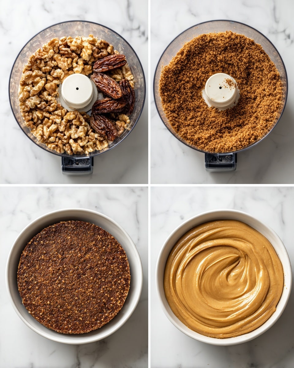 The image shows four close-up steps of making a layered dish. Top left is a clear food processor bowl with whole light brown walnuts and dark brown dates, rough and solid, placed next to each other around the white blade center. Top right is the same bowl but now filled with finely ground, crumbly light and dark brown nut-date mix. Bottom left shows this ground mixture pressed flat and smooth in a white round bowl, forming a dense dark brown base layer with visible nut bits. Bottom right displays a thick, creamy, smooth layer of light golden caramel-colored filling spread evenly over the base in the same white round bowl. The surface under the dishes is white marble. photo taken with an iphone --ar 4:5 --v 7