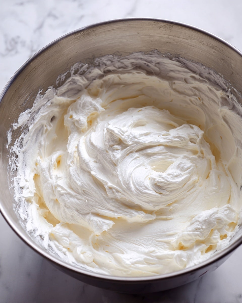 The image shows a close-up of a shiny silver mixing bowl filled with thick, fluffy white whipped cream. The whipped cream has a smooth, creamy texture with soft peaks and swirls all over its surface. The sides of the bowl have some whipped cream spread unevenly, showing the motion of mixing. The bowl is placed on a white marbled surface, adding a subtle elegant background. photo taken with an iphone --ar 4:5 --v 7