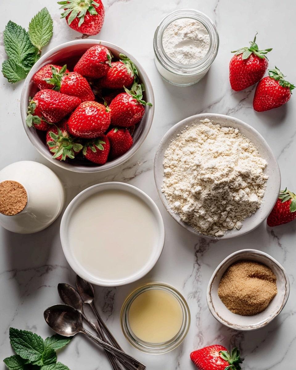 A collection of ingredients is arranged on a white marbled surface, featuring a white bowl full of bright red strawberries, some whole and some sliced in half, positioned in the top left. To the right, a glass jar contains white flour, and below it is a white bowl with a crumbly beige mixture inside. Below and to the left, there is a white bowl filled with fresh milk, and next to it a smaller clear glass bowl with a light yellow liquid. Near the bottom center, a small white bowl holds brown sugar. Scattered around are a few loose strawberries and green leaves adding color. Two silver spoons rest near the bottom left, and a white bottle with a wooden top is on the far left. The soft lighting highlights the freshness and textures of all the ingredients. Photo taken with an iphone --ar 4:5 --v 7