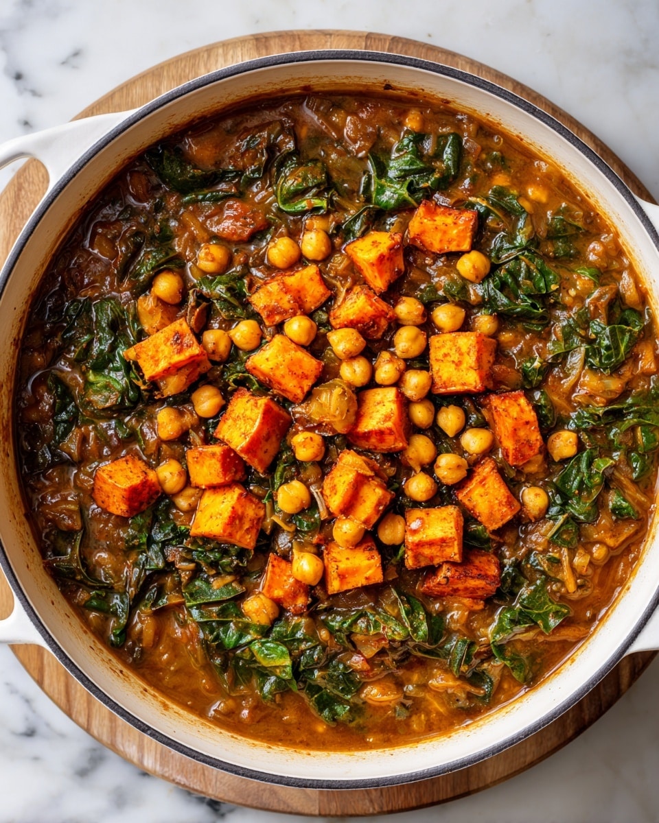 A large white pot filled with a thick, brownish soup that has a chunky texture from cooked greens and small bits of other vegetables visible throughout. On top of the soup, there is a generous layer of bright orange roasted cubes, likely sweet potatoes, mixed with a pile of pale yellow chickpeas that cover a central area. The pot rests on a light wood round board, and the background is a white marbled surface. Photo taken with an iphone --ar 4:5 --v 7