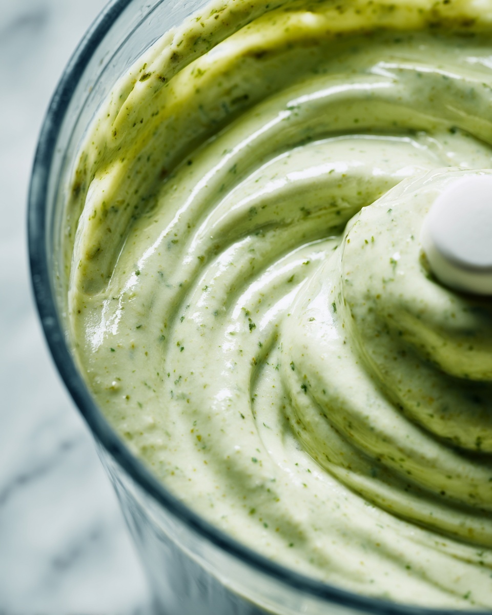 A close-up image showing light green sauce with small green herb pieces mixed evenly, swirling inside a clear glass blender container. A white plastic blender blade is partially visible, covered in the sauce with a smooth creamy texture. The background features a white marbled texture that softly reflects light. The focus is on the sauce and blender blade, with smooth glossy reflections on the glass surface. photo taken with an iphone --ar 4:5 --v 7