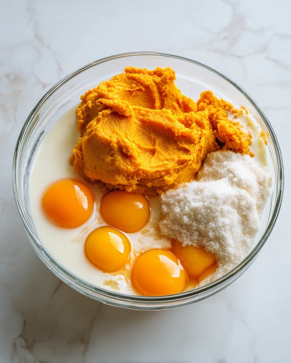 A clear glass bowl sits on a white marbled surface filled with several ingredients in layers: three bright orange yolks grouped on one side, a large dollop of thick orange pumpkin puree next to the yolks, a pile of white granulated sugar at the back of the bowl, and a curve of creamy white liquid pouring in from a measuring cup on the left, partially covering some of the egg yolks and pumpkin puree. The textures vary from smooth and thick pumpkin to liquid milk and firm egg yolks. Photo taken with an iphone --ar 4:5 --v 7