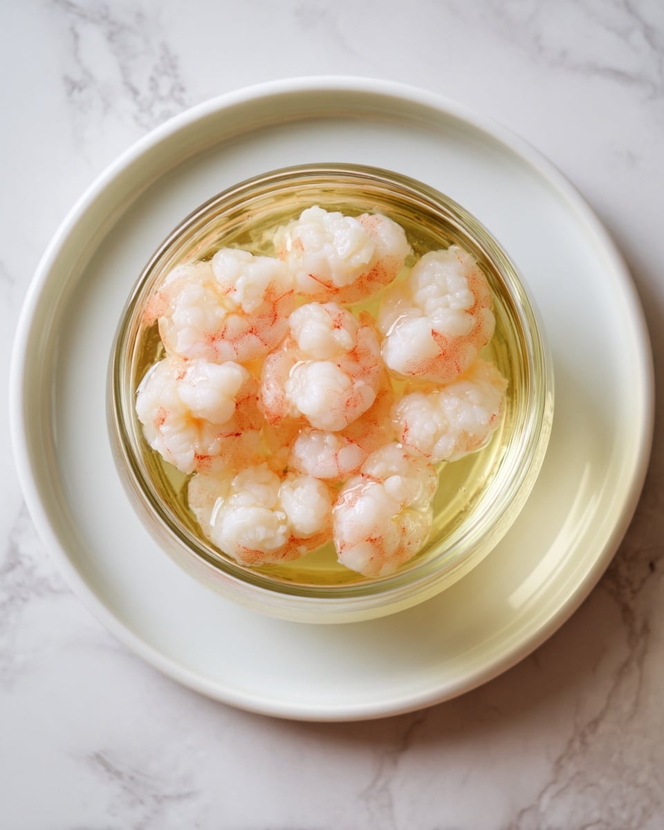 A clear glass bowl sits on a white marbled surface filled with finely chopped ingredients in multiple layers: small bright green cucumber pieces, light purple red onions, red tomato chunks, small white shrimp, and bits of green herbs mixed throughout. A rich red sauce is being poured into the center, adding a thick, smooth texture over the colorful salad. The scene captures the fresh and vibrant mix in natural light, emphasizing the contrast of colors and freshness photo taken with an iphone --ar 4:5 --v 7