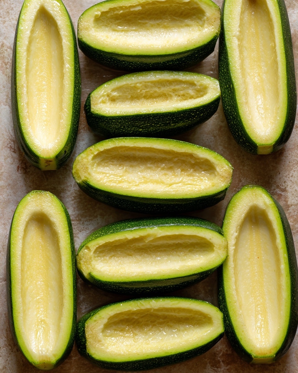 The image shows eight zucchini halves with their inside scooped out, revealing a smooth, pale yellow-green hollow core and dark green edges of the skin. The zucchini are arranged in two vertical rows on a sheet with a brown texture beneath, each half lying side by side with the hollow part facing up, showing the moist surface inside. The edges of the zucchini skin are dark green and slightly glossy, and the inner flesh has a light, soft texture. The surface beneath has been described as white marbled texture. photo taken with an iphone --ar 4:5 --v 7