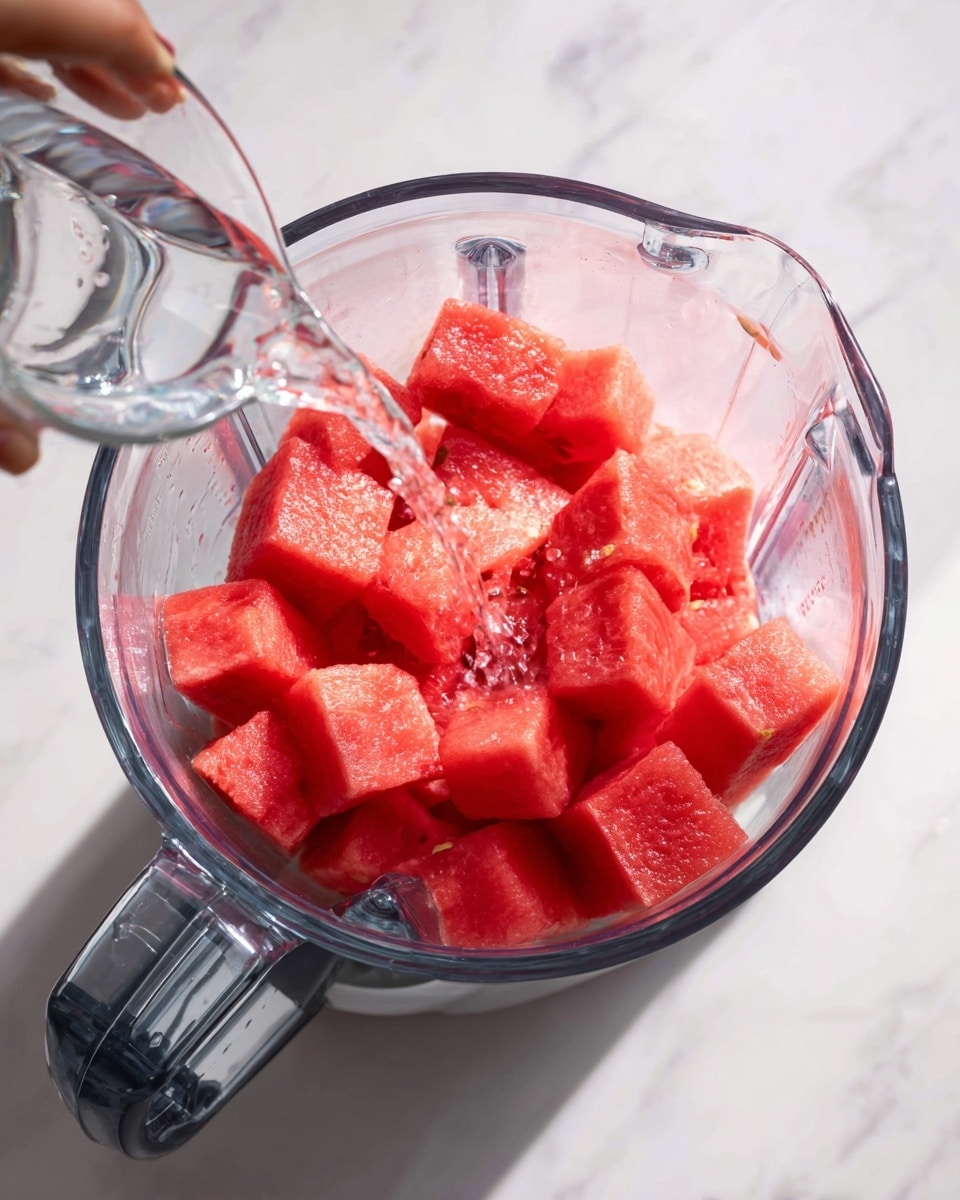 A clear blender container filled with bright red watermelon cubes, each piece showing a fresh, juicy texture with soft edges. Above the cubes, a woman's hand is gently pouring a small amount of clear liquid from a white measuring cup into the blender. The blender handles have a dark transparent color, contrasting with the white marbled surface beneath it, creating a clean and fresh look. photo taken with an iphone --ar 4:5 --v 7