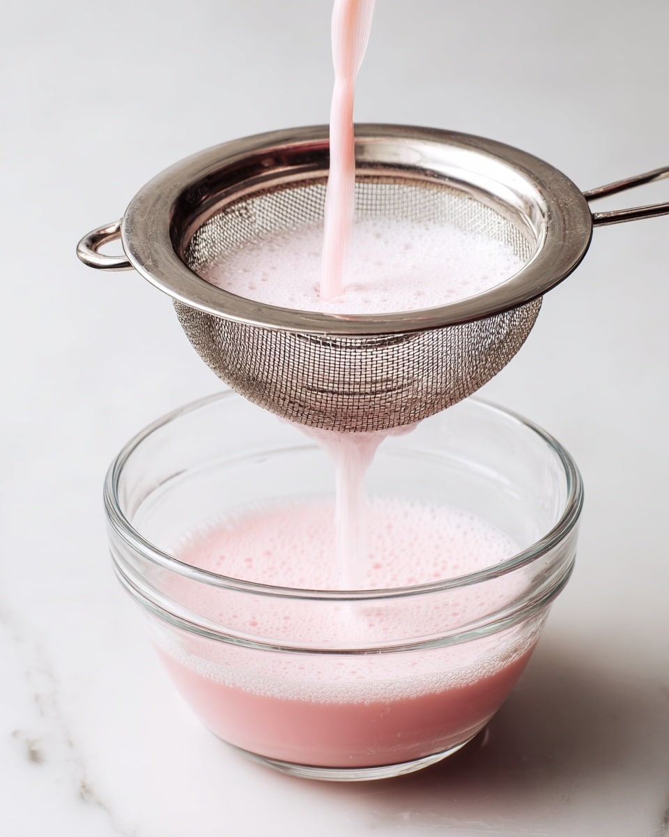 A clear container with a pink foamy liquid is being poured through a metal fine mesh strainer into a bigger clear bowl below. The liquid is light pink with bubbles on top and a light smooth flow, showing some texture as it passes through the strainer. The strainer is held right above the bowl, and both are placed on a white marbled surface. The background is plain white, keeping the focus on the liquid pouring process. Photo taken with an iphone --ar 4:5 --v 7