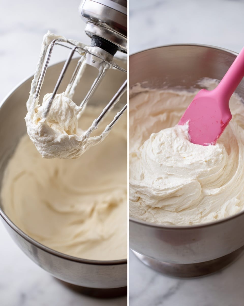 The image shows two close-up views of a thick, creamy white mixture in a silver mixing bowl placed on a white marbled surface. On the left, a metal beater attached to a stand mixer is lifted above the bowl, covered in the smooth, dense cream with soft peaks and a slightly shiny texture. On the right side, a pink silicone spatula is resting inside the same bowl, scraping the thick white mixture against the bowl’s side, showing its smooth and creamy texture. photo taken with an iphone --ar 4:5 --v 7