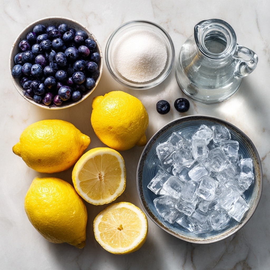 A woman's hand is pouring clear water from a small glass measuring cup into a black pot filled with fresh blueberries. The pot is placed on a white marbled surface, and to the left, there are two whole yellow lemons and one lemon half resting on the same surface. A gray and white checkered cloth is draped on the right side of the pot, and a single blueberry is on the surface near the bottom right. The background is soft and light with a smooth tone. photo taken with an iphone --ar 4:5 --v 7