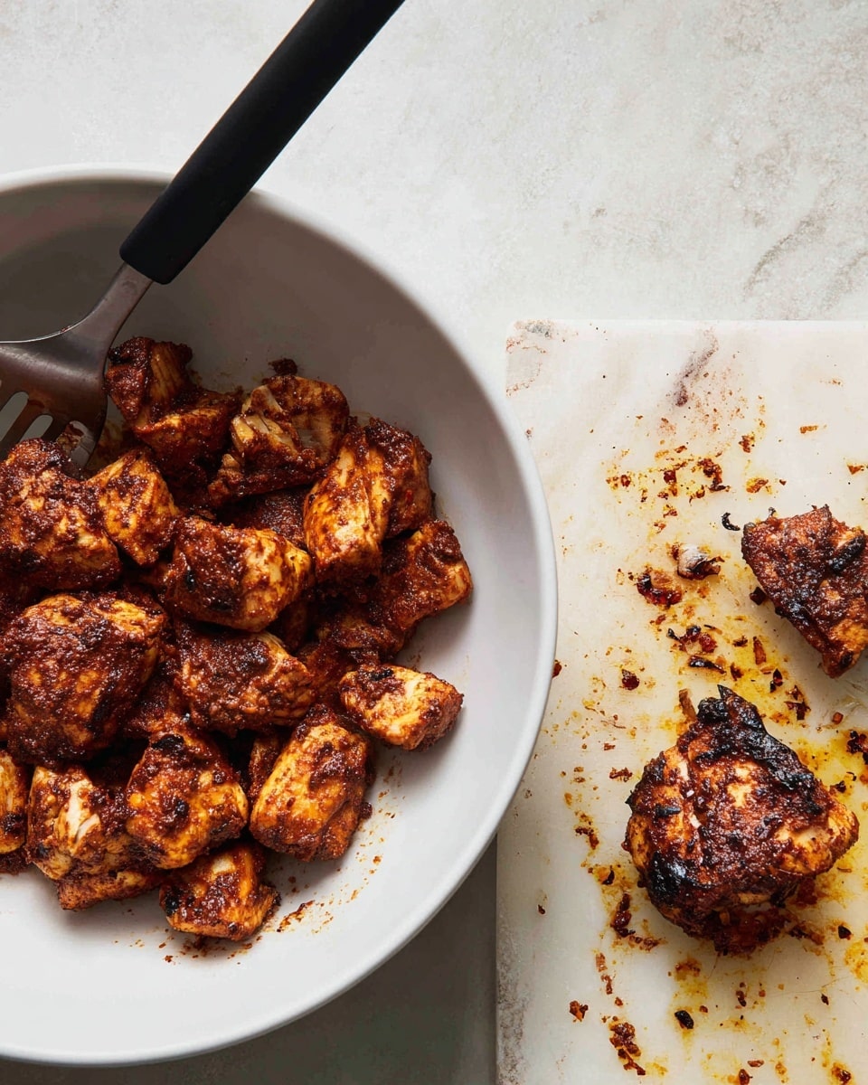 The image shows two close-up views of cooked chicken. On the left side, there is a white bowl filled with several dark reddish-brown seasoned chicken pieces, coated with spices, resting together with a black spatula partially visible in the bowl. The right side shows a single chicken piece on a white marbled surface, with a dark crispy char and surrounded by scattered burnt bits and oily sauce, giving a rich textured look. photo taken with an iphone --ar 4:5 --v 7
