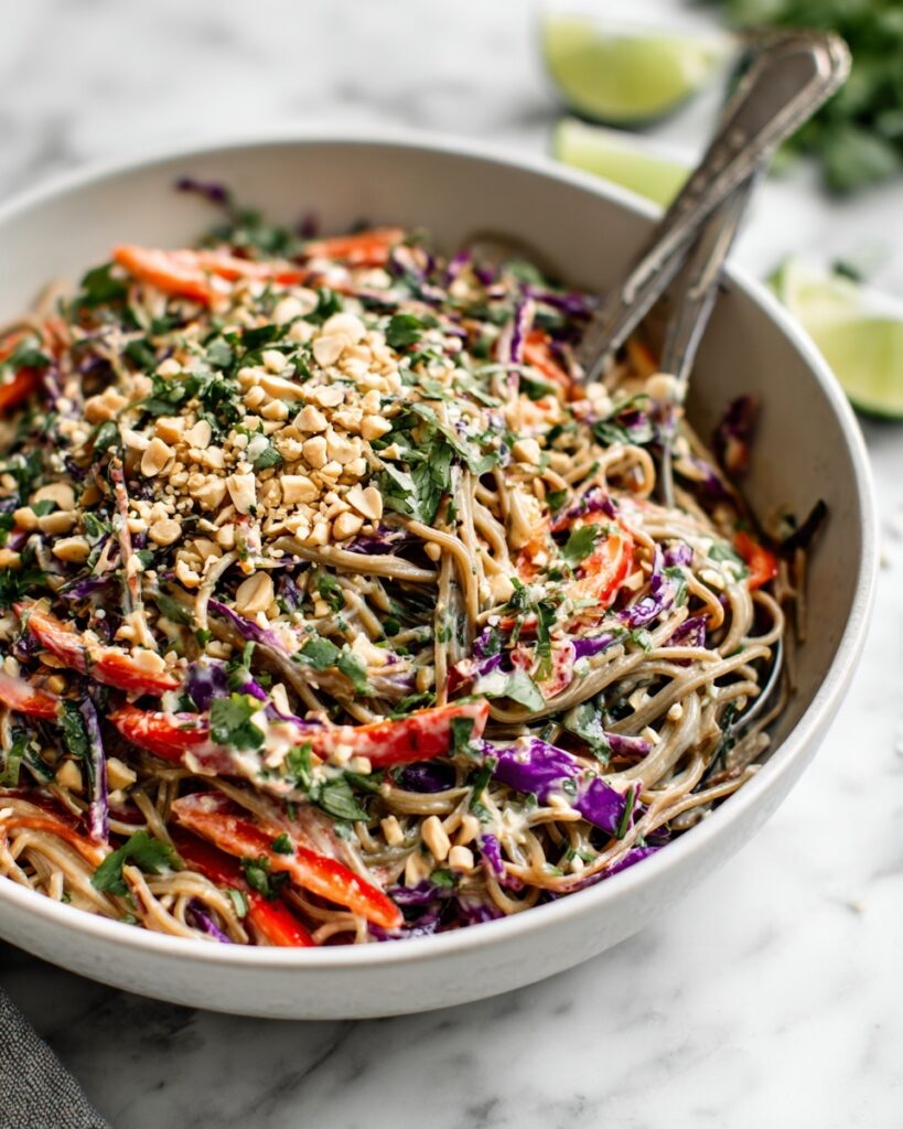 Cold Soba Noodle Salad with Chicken, Vegetables, and Spicy Peanut Dressing Recipe