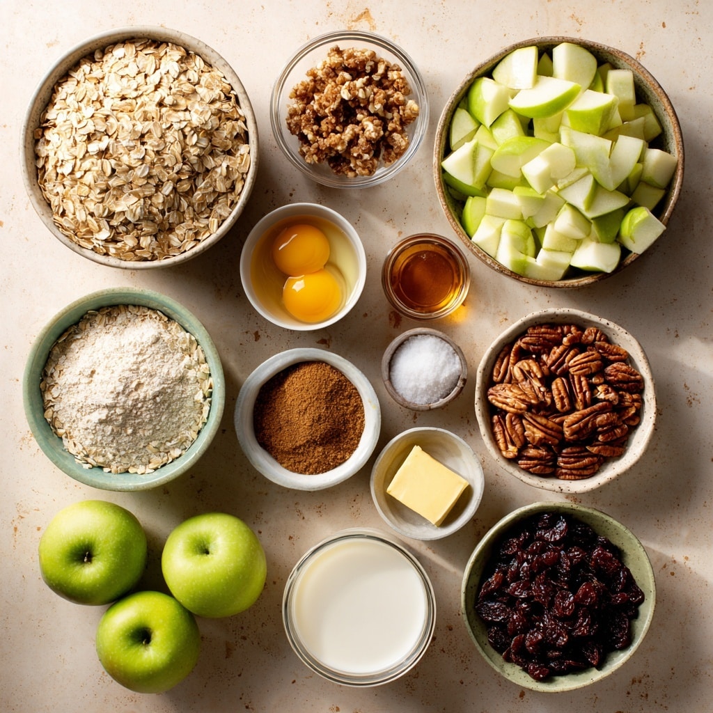 A close-up view of two square granola bars stacked slightly on top of each other on a white plate, showing the top layer covered with a mix of chopped pecans, oats, and dried fruit held together with a light brown sticky base, giving a rough and textured look. Around the plate, there are scattered oats and a green apple partly in frame on a white marbled surface with a blue and white checkered cloth peeking from the right side. Photo taken with an iphone --ar 4:5 --v 7