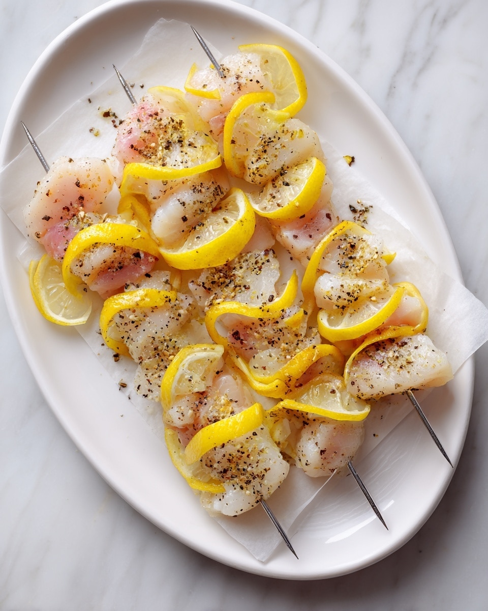 The image shows four metal skewers with layers of light pinkish-white fish pieces and bright yellow lemon slices, arranged alternately and sprinkled with black pepper. The skewers rest on white parchment paper in a white oval plate, which sits on a white marbled surface. The fish pieces have a soft texture and some light browning on edges, while the lemon slices are thin and curled, creating a fresh, clean look. photo taken with an iphone --ar 4:5 --v 7