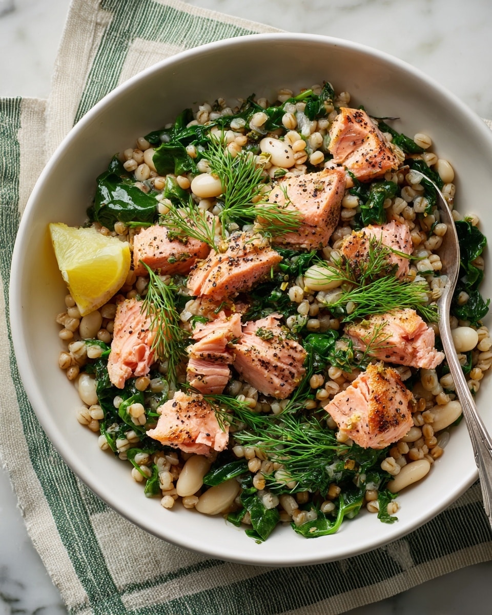 Grain Bowl with Salmon, Barley, Asparagus, and Creamy Lemon Dill Dressing Recipe