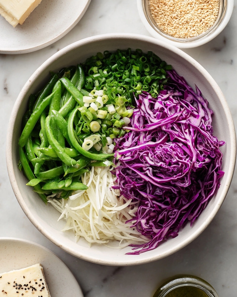 A large white bowl holds a fresh salad made of shredded green and purple cabbage mixed with thin green snap pea strips, all coated in a creamy light green dressing. The salad has a soft, creamy texture with specks of black pepper sprinkled on top. The bowl sits on a light beige cloth on a white marbled surface. Next to it are small white bowls containing coarse salt and cracked black pepper, and a glass jar of pale green dressing with a black-tipped spoon inside. Two wooden salad spoons with a smooth warm brown finish rest nearby, and a white plate with two silver forks is partially visible in the lower right corner. Photo taken with an iphone --ar 4:5 --v 7