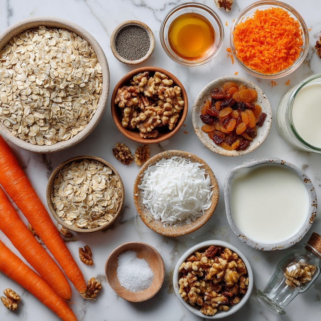 A clear glass jar showing six layers of ingredients: a bottom layer of light beige rolled oats, followed by a layer of orange grated carrot, then a thin dark layer of dried fruit, above that a thin layer of white coconut flakes, then a layer of black chia seeds mixed with light brown chopped nuts, and finally a topping of more chopped nuts in light brown and beige shades. The jar is placed on a white marbled surface, and the image has a soft, natural light. photo taken with an iphone --ar 4:5 --v 7
