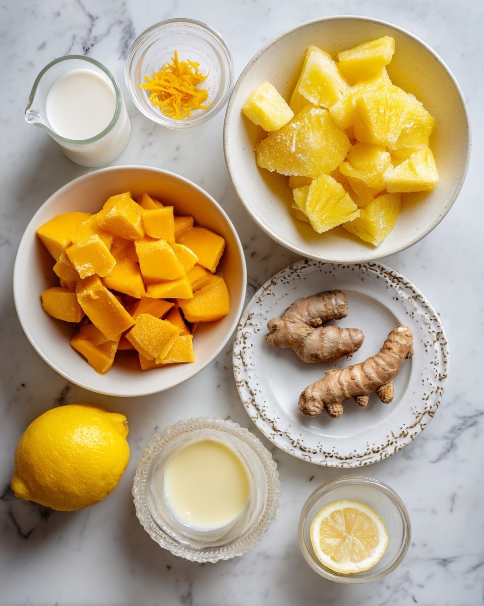 The image shows various white bowls and plates on a white marbled surface. The biggest bowl in the middle contains bright orange frozen mango chunks with a frosty texture. To the top right, another large bowl holds frozen yellow pineapple pieces that look icy. Below the mango, there is a small white bowl with two pieces of turmeric root, rough and brown-orange in color. On the bottom right, a white plate with small pearl-like edges holds two peeled bananas. Above the turmeric root, a small bowl has a pale yellow liquid, and to the top left of the mango bowl, there is a small plate with orange lemon zest. Next to the lemon zest is a glass measuring cup filled with a white liquid, likely coconut milk. On the bottom left of the image, a half lemon with a bright yellow color and juicy texture sits on the marble surface. The photo taken with an iphone --ar 4:5 --v 7
