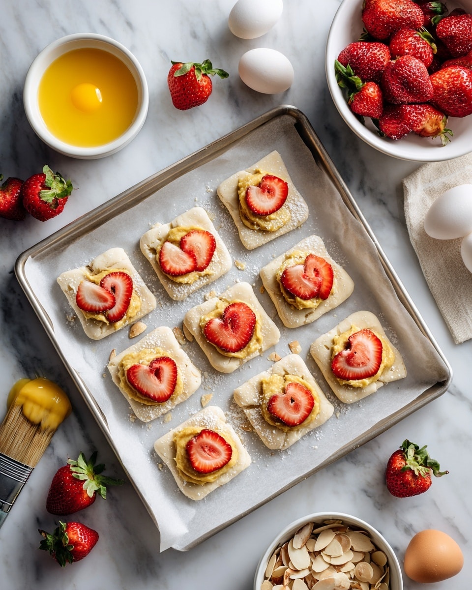 The image shows nine small rectangular white dough pieces laid out on a baking tray lined with white parchment paper. Each dough piece has a layer of yellow almond paste spread in the center, and some pieces are topped with two to four sliced red strawberries with their seeds and texture visible. The edges of the dough are slightly perforated. Around the tray, there are whole strawberries, a small bowl of bright yellow beaten eggs, a white bowl filled with sliced strawberries, a paintbrush, and a small container with sliced almonds on a white marbled surface. Photo taken with an iphone --ar 4:5 --v 7